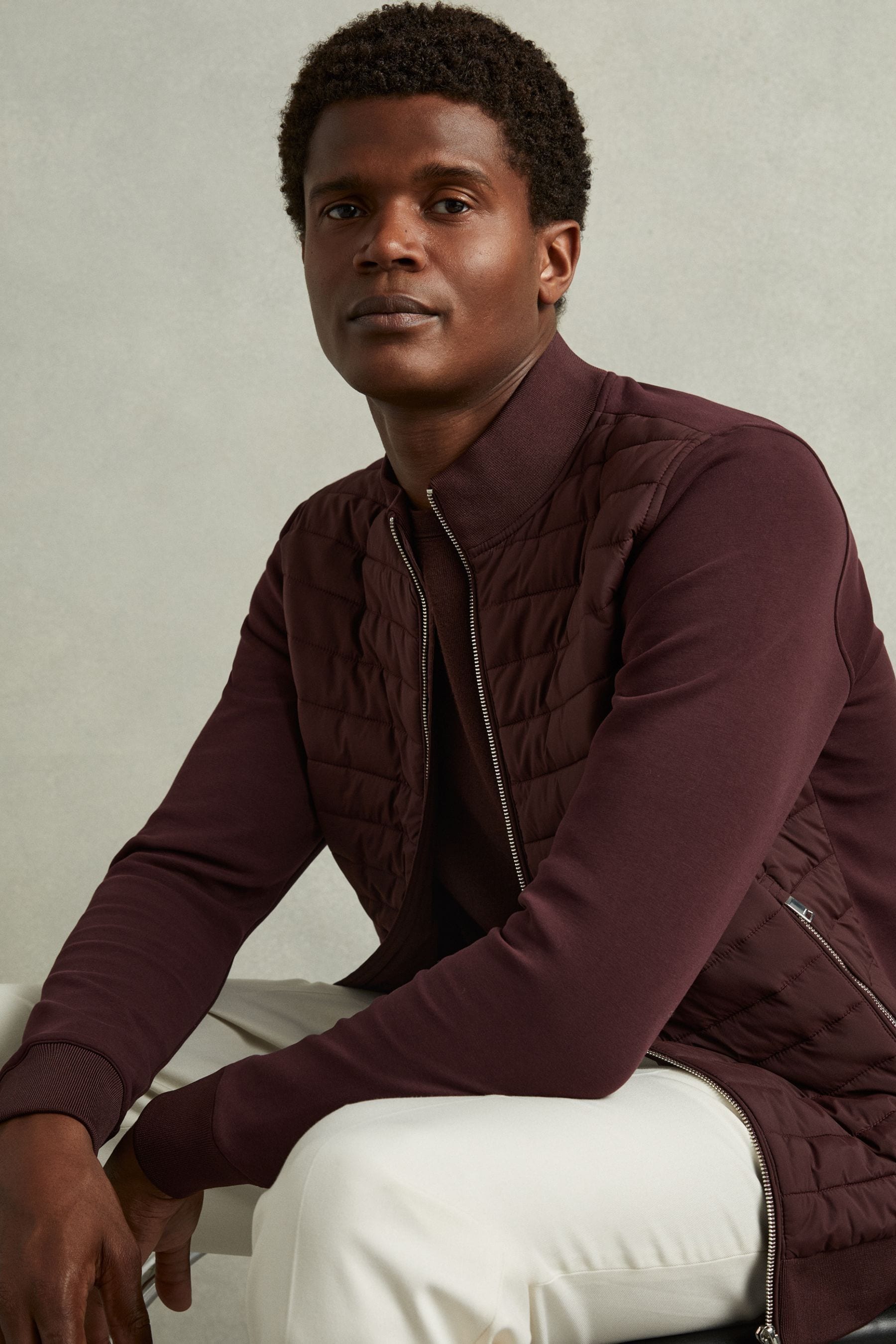 Reiss Freddie Bordeaux Hybrid Quilt and Knit Zip-Through Jacket, L, Burgundy