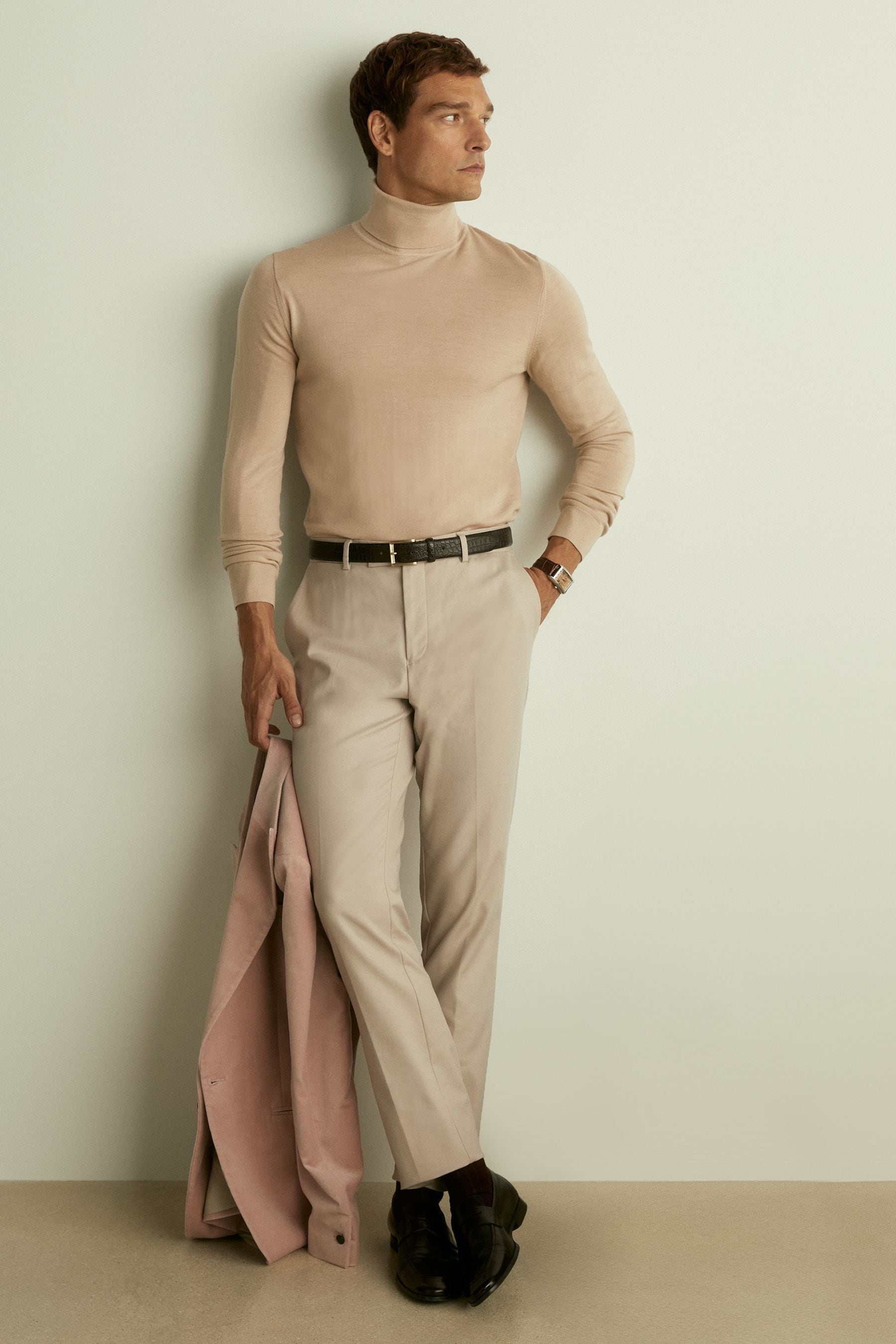 Reiss Washed Stone Caine Merino Roll Neck Jumper