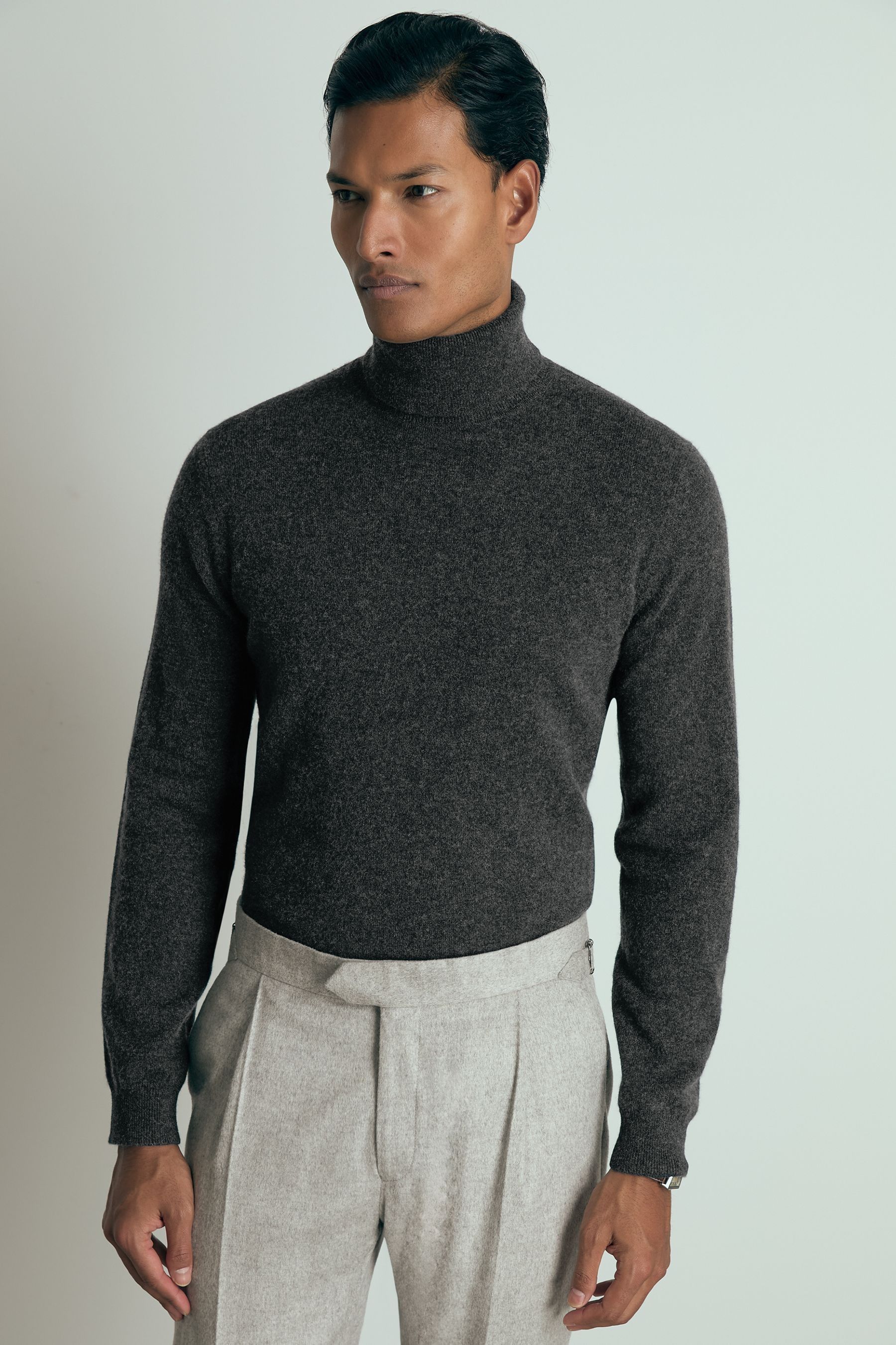 Reiss Regal Charcoal Melange Atelier Cashmere Roll-neck Jumper, Xxl, Black & camel