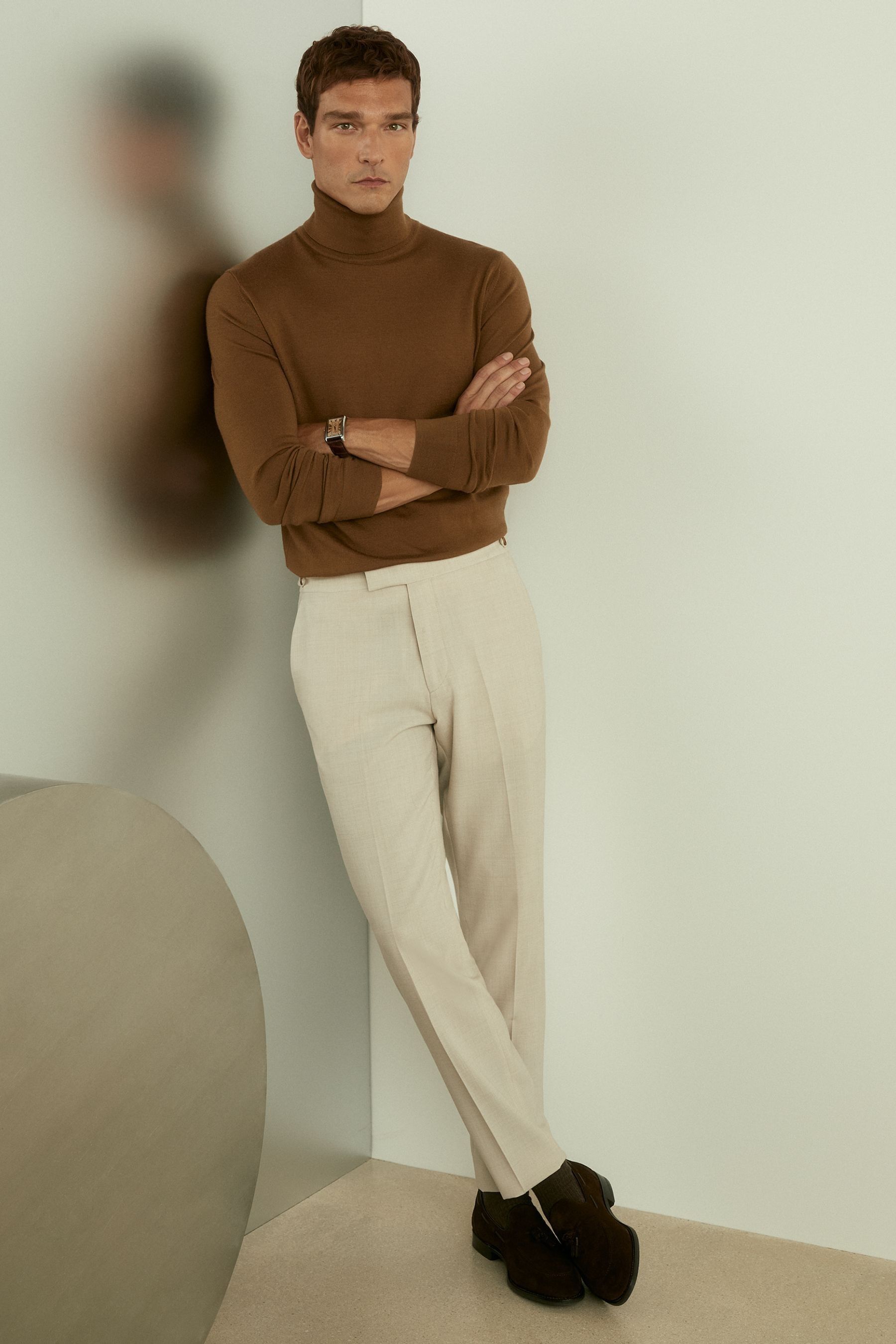 Reiss Tobacco Brown Caine Merino Roll Neck Jumper