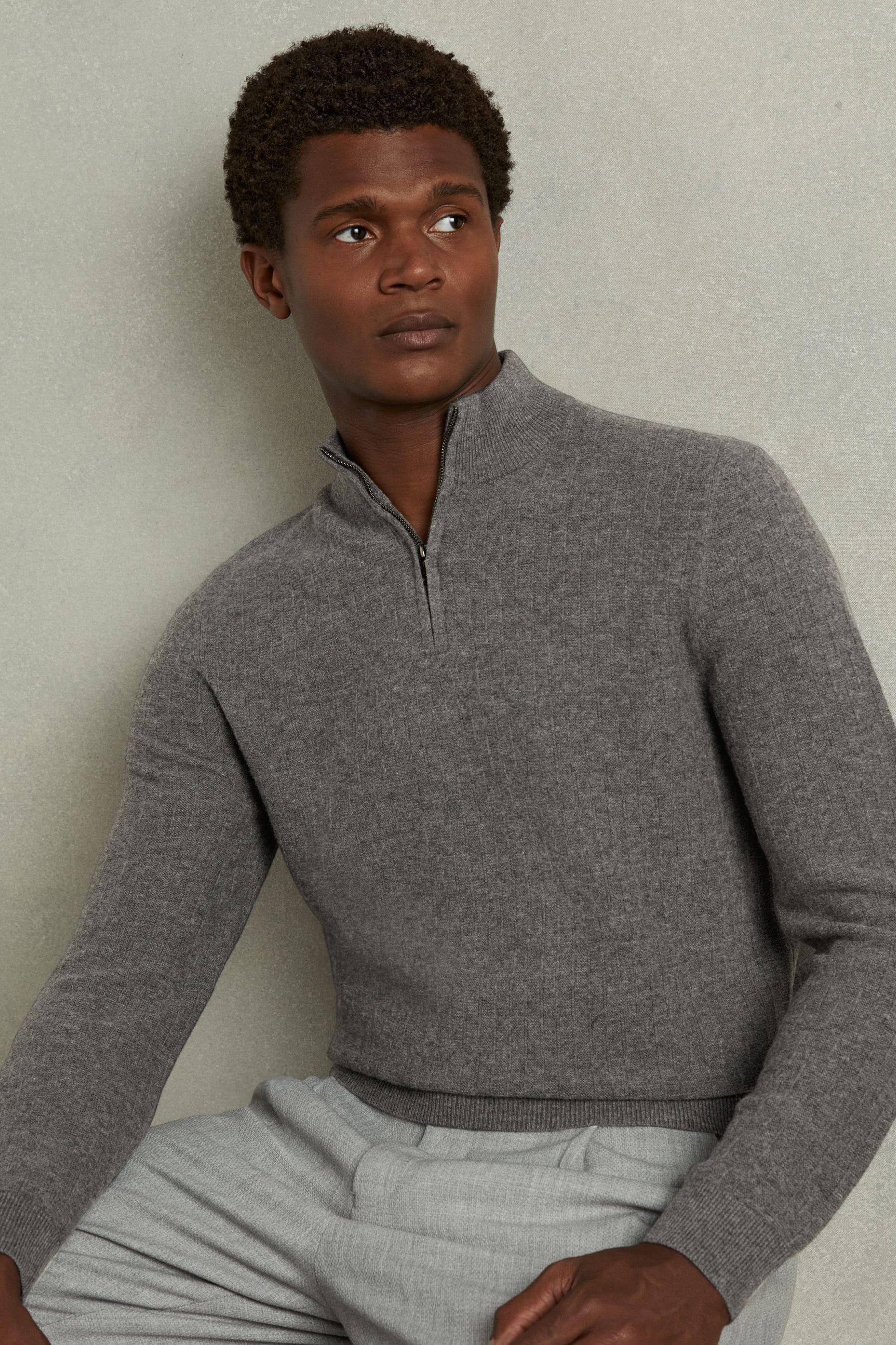 Reiss Mid Grey Melange Wool Zip-neck Jumper, Xxl