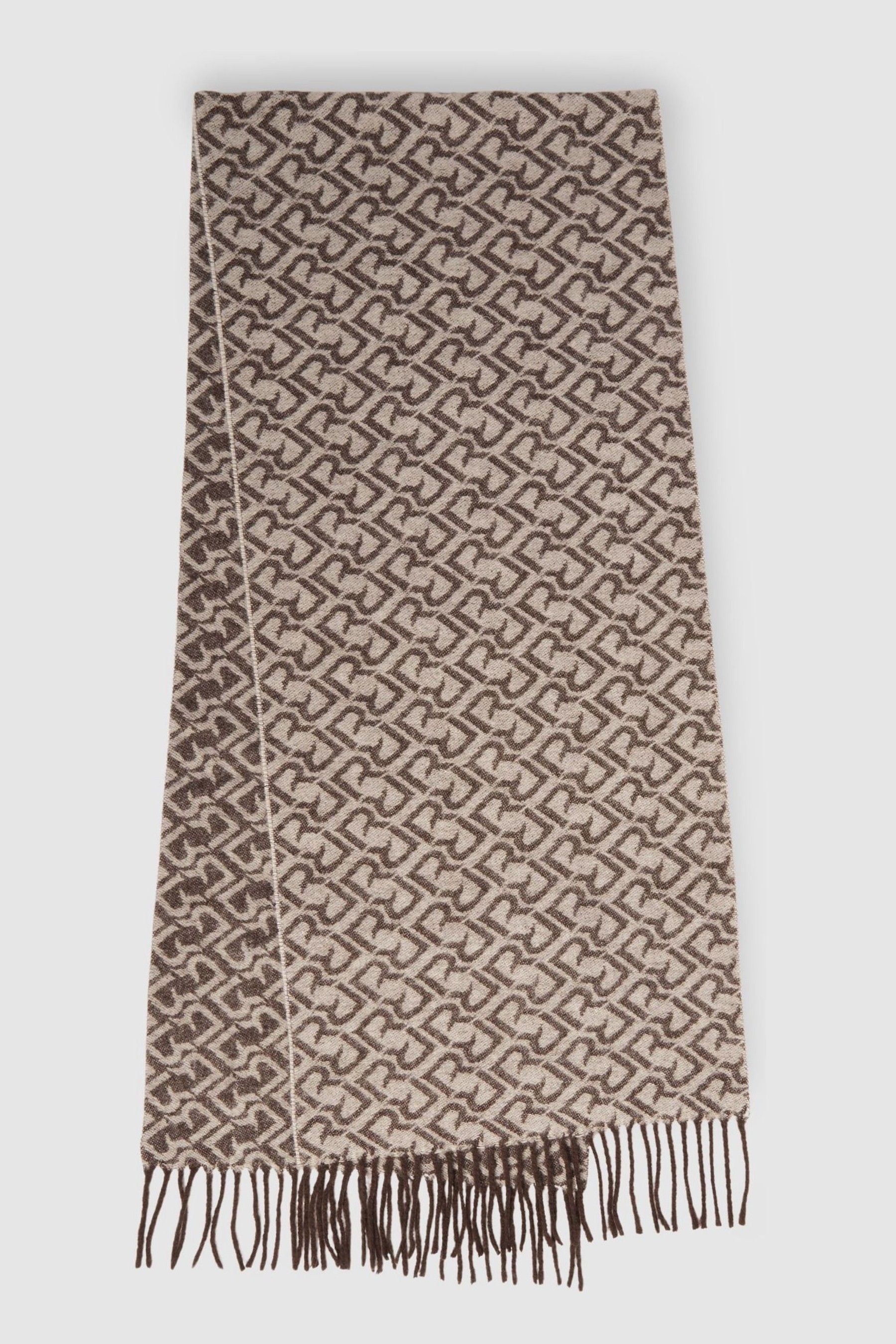 Reiss Dark Brown/ Off White Bowen Logo Jacquard Scarf With Wool