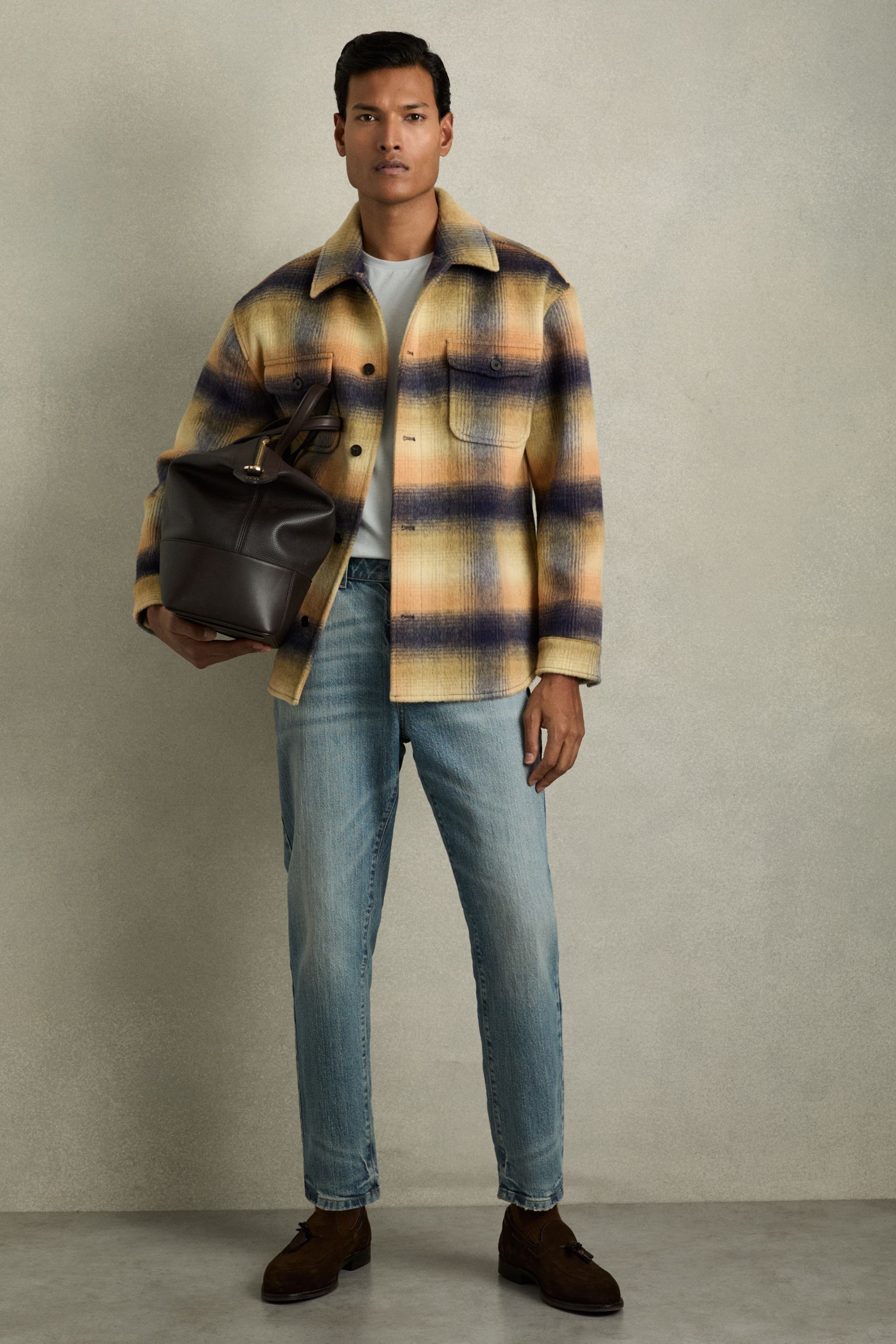 Reiss Amber Orange Brushed Wool-blend Check Overshirt In Amber Orange