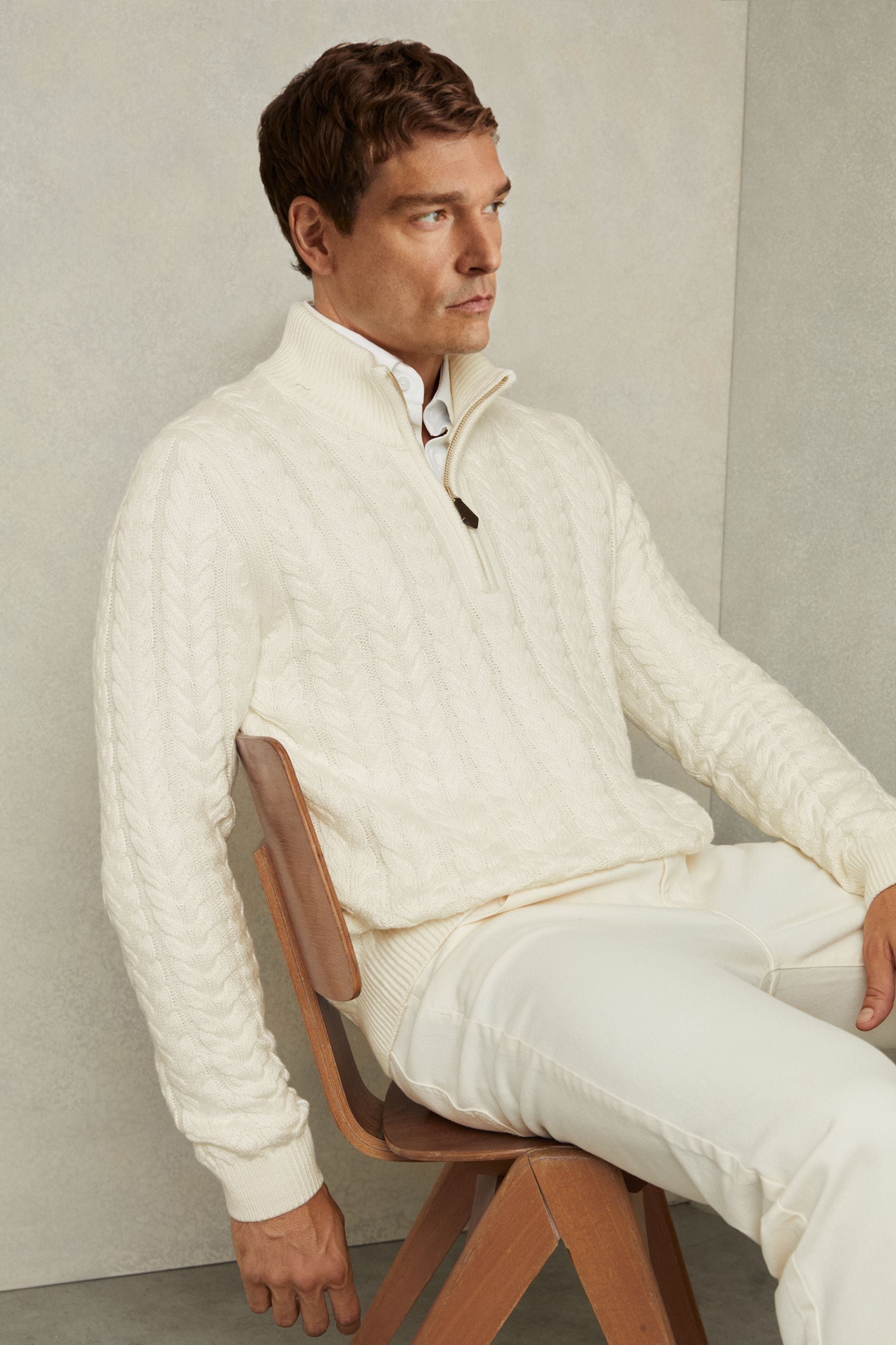 Reiss White Cabled Zip-neck Jumper With Cotton and Wool, XL