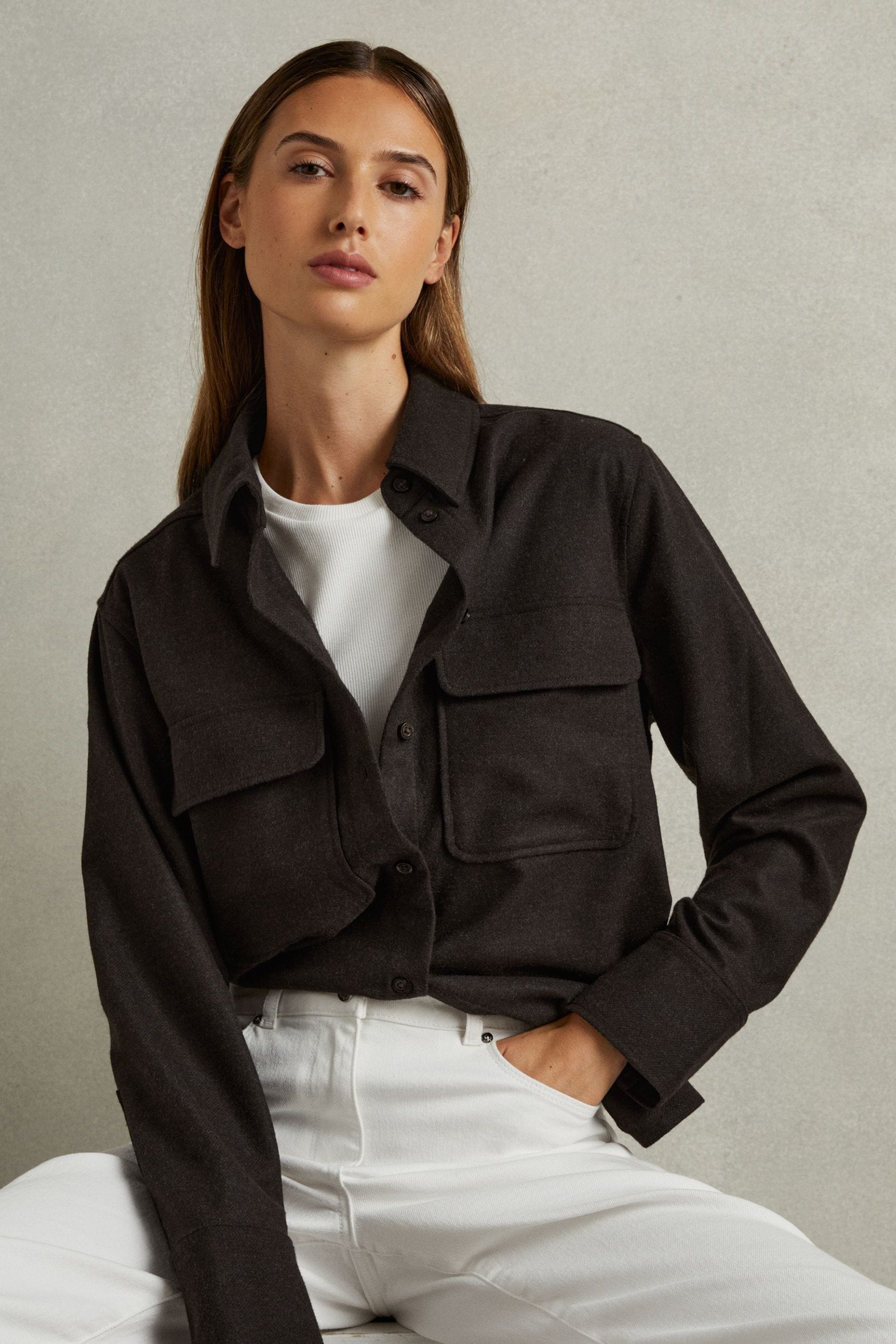 Reiss Chocolate Amelie Patch Pocket Twill Overshirt