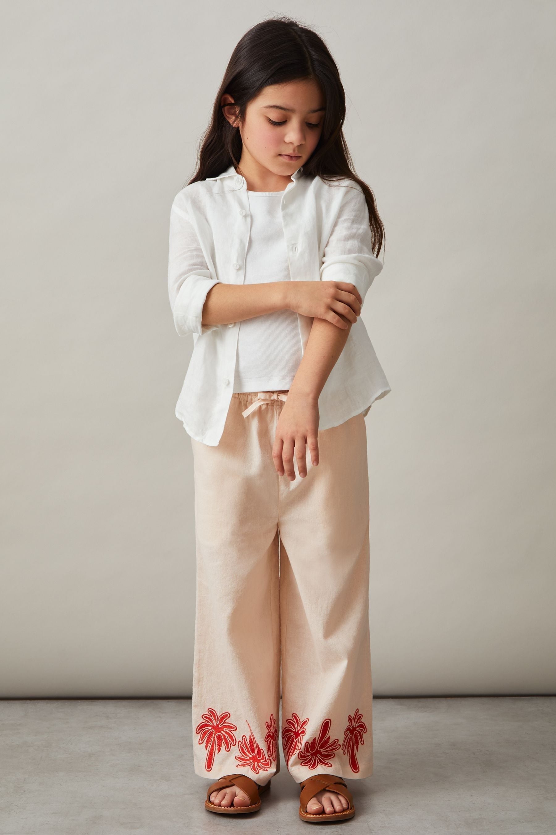 REISS STONE CATE COTTON LINEN PALM EMBROIDERY TROUSERS 