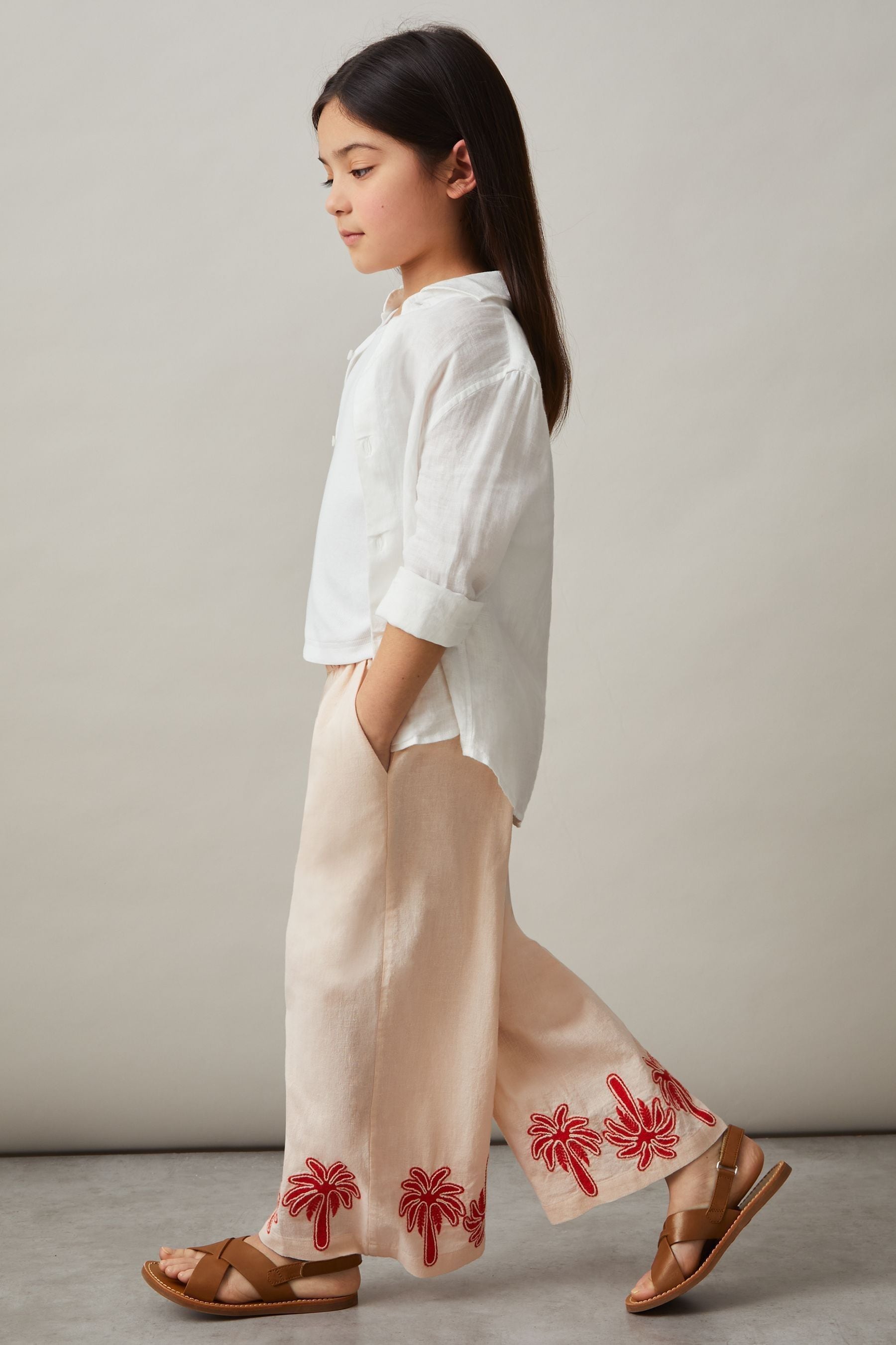 REISS STONE CATE COTTON-LINEN PALM EMBROIDERY TROUSERS 