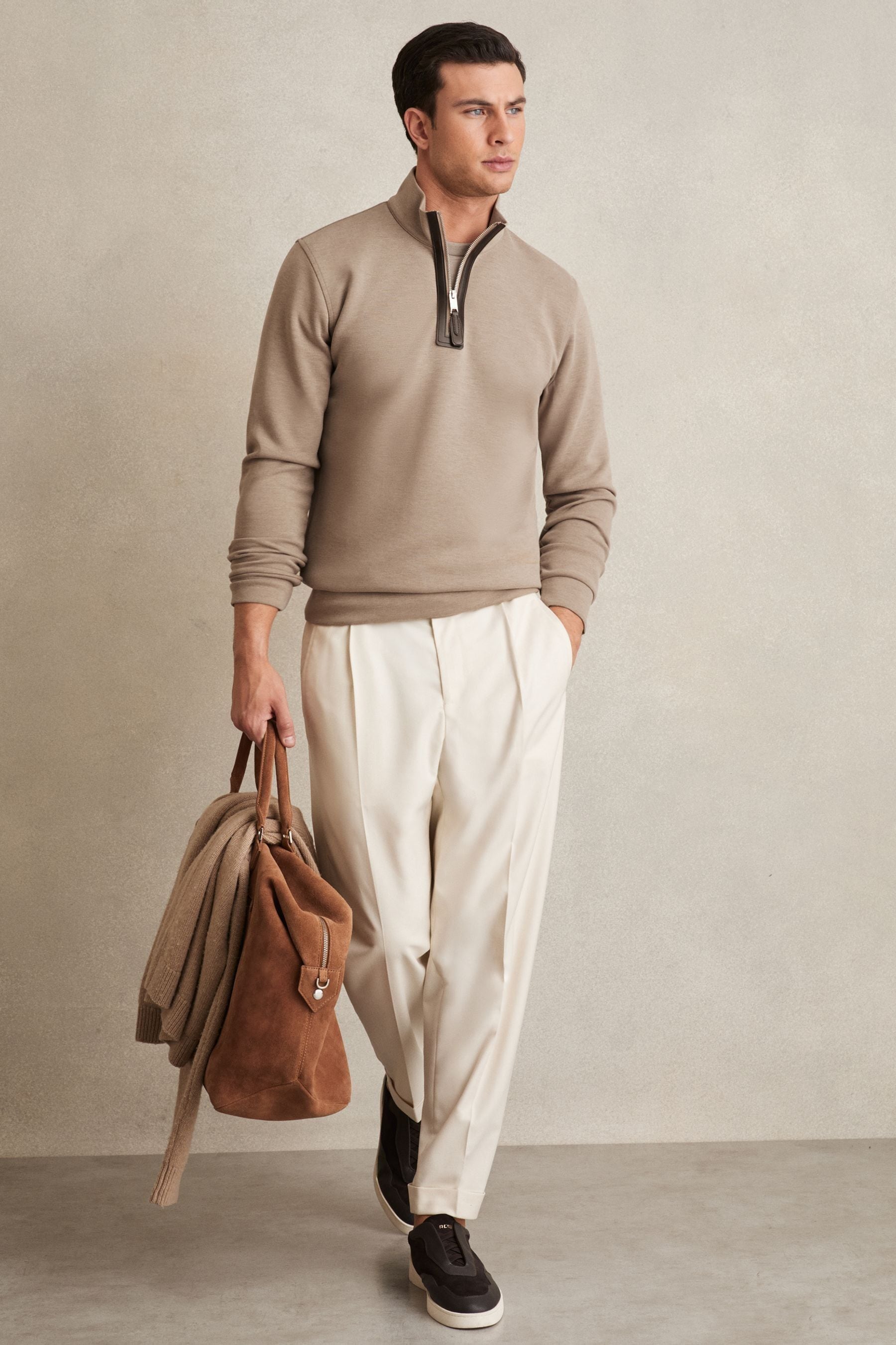 Reiss Taupe Brown Leather-placket Interlock Sweatshirt