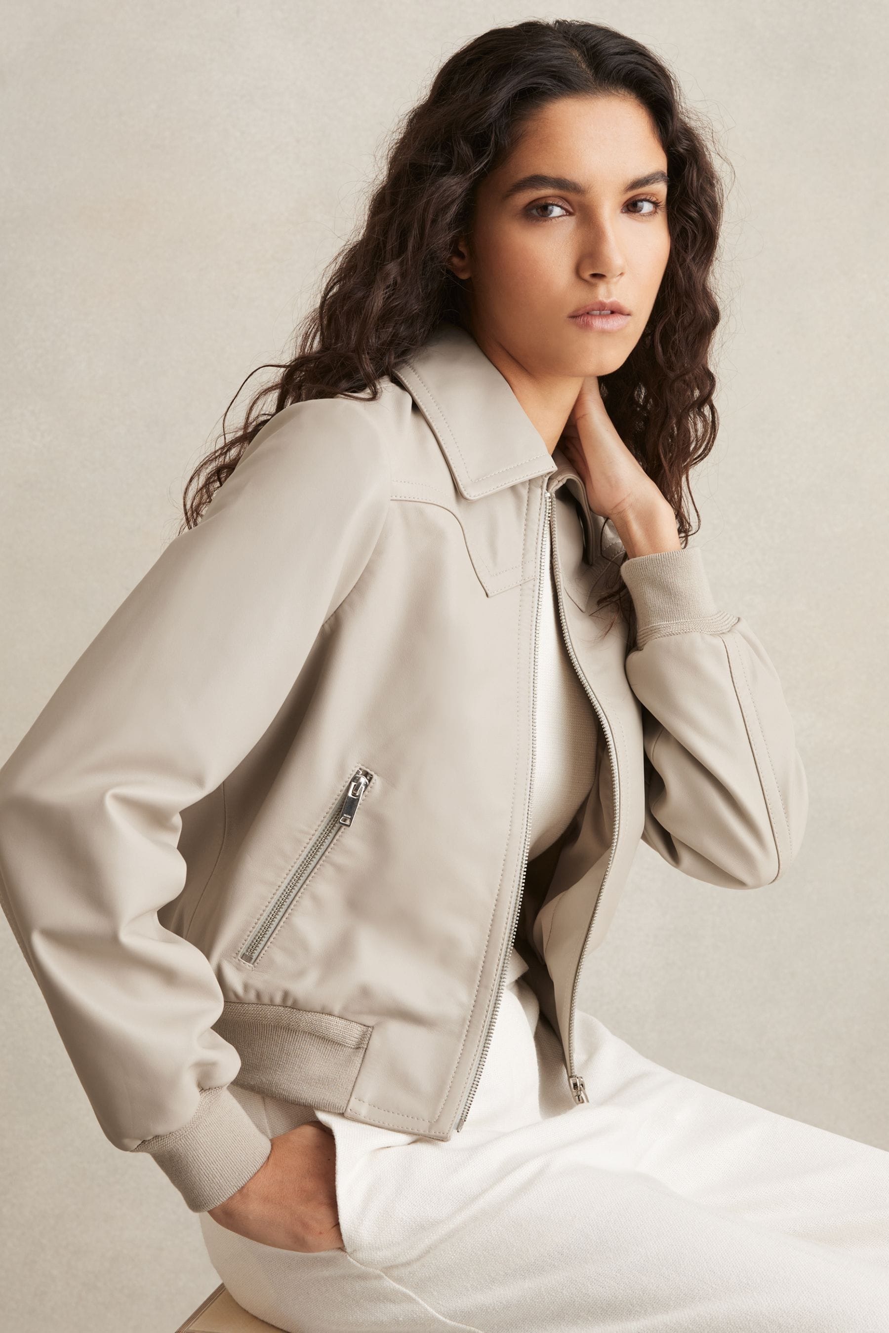 Reiss Grey Leather Bomber Jacket, 12