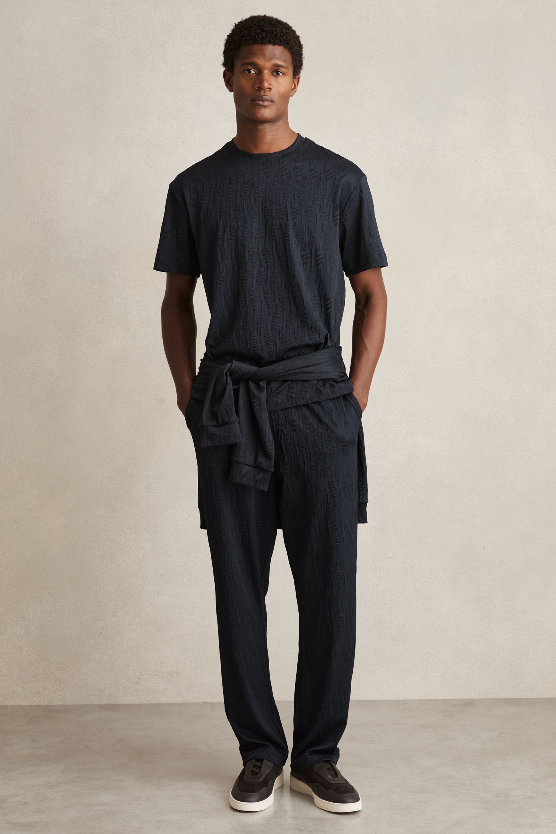Reiss Navy Wave-jacquard Drawstring Trousers
