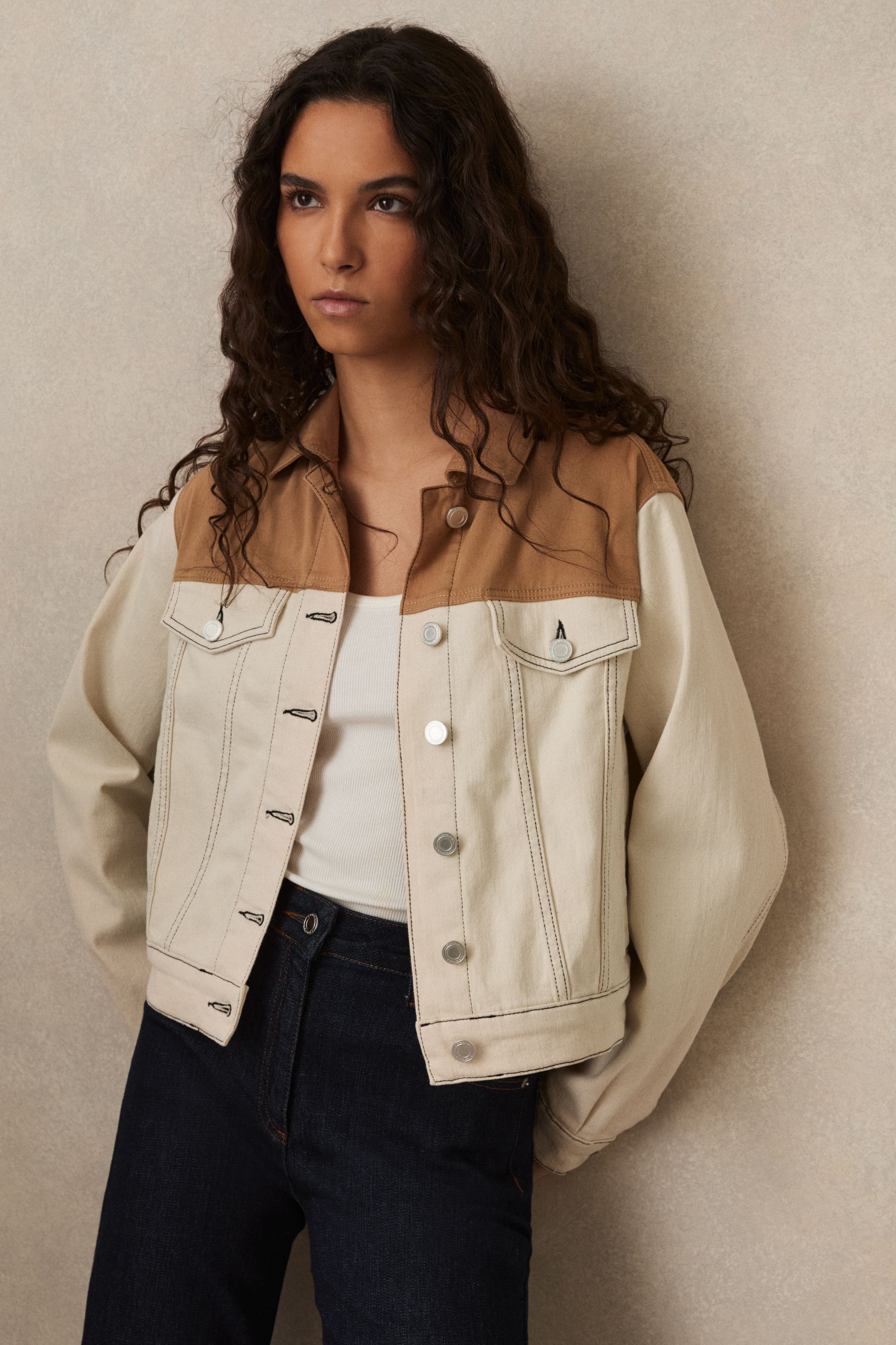Reiss Ecru Colour-block Denim Jacket, 14
