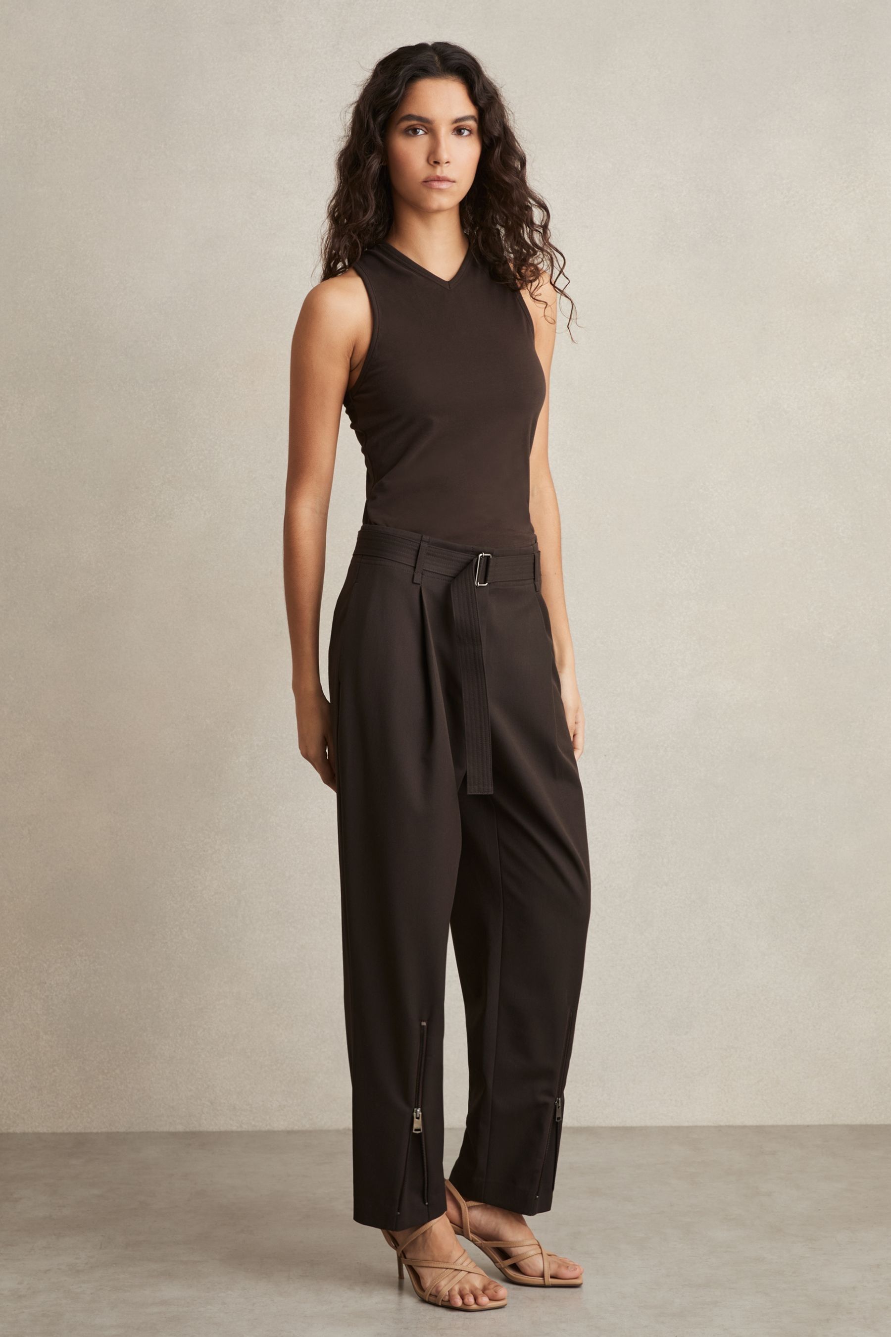 Reiss Chocolate Brown Belted Zip-leg Tapered Trousers, 14