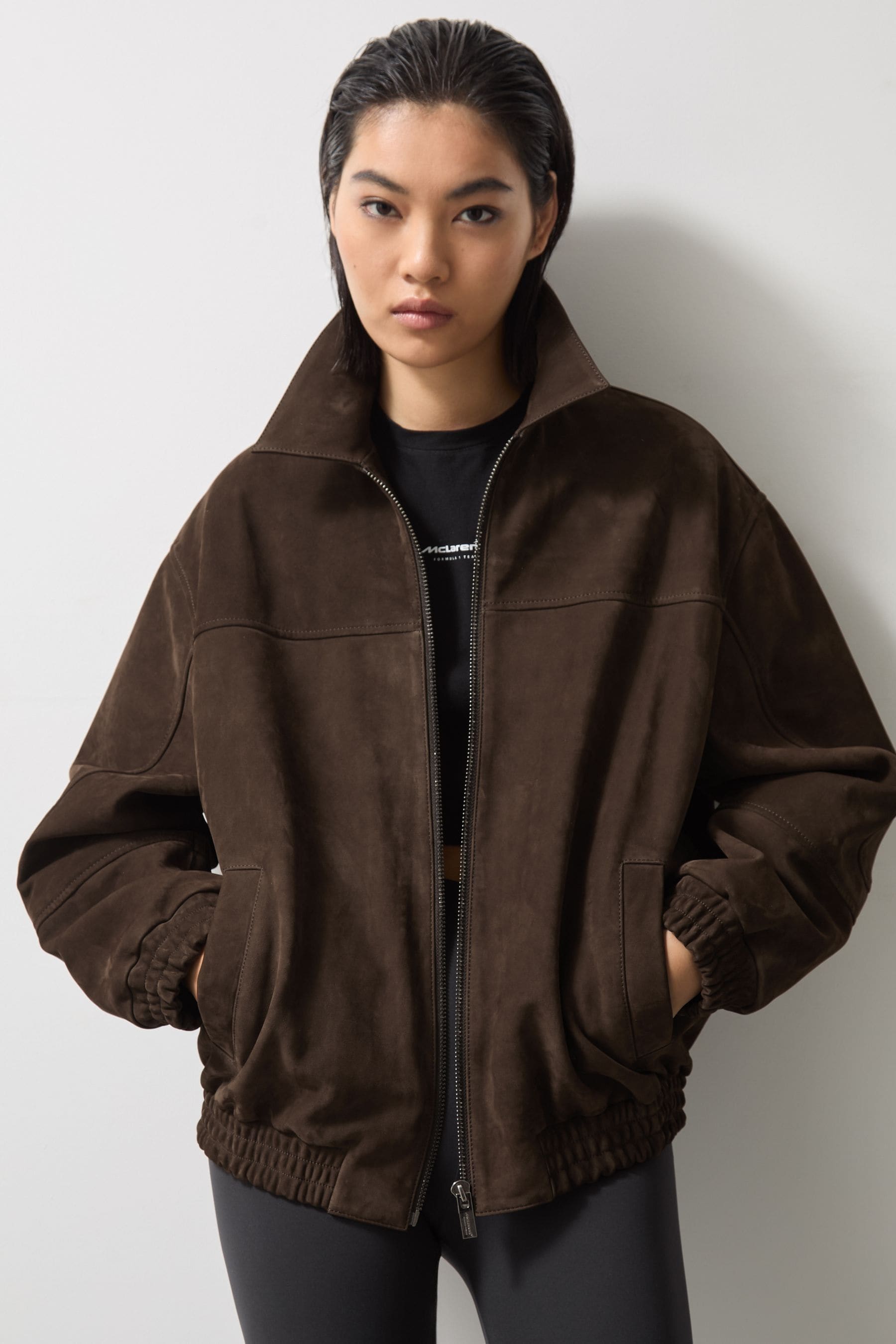 Reiss X McLaren F1 Team Women's Dark Brown Leather Bomber Jacket, Size: 16