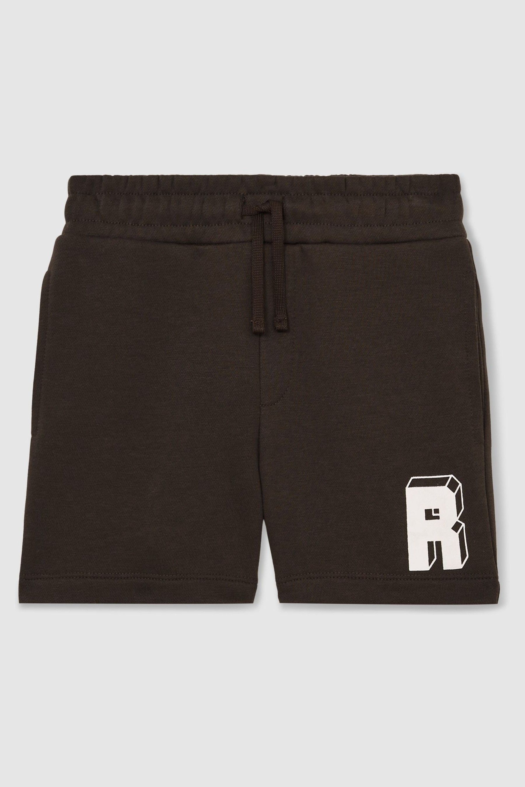 Reiss Chocolate Brown / Off White 13-14 Yrs Jersey Drawstring R Print Shorts In Chocolate Brown / Off White