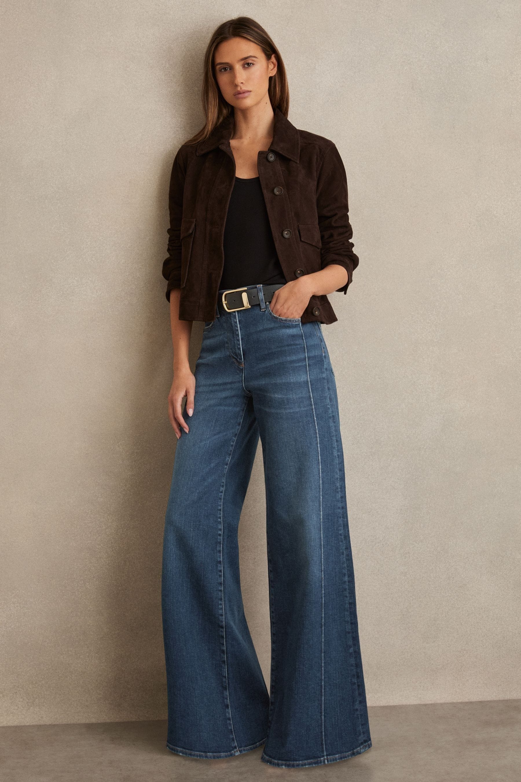 Reiss Mid Blue Petite Stretch-cotton Wide-leg Jeans, 28