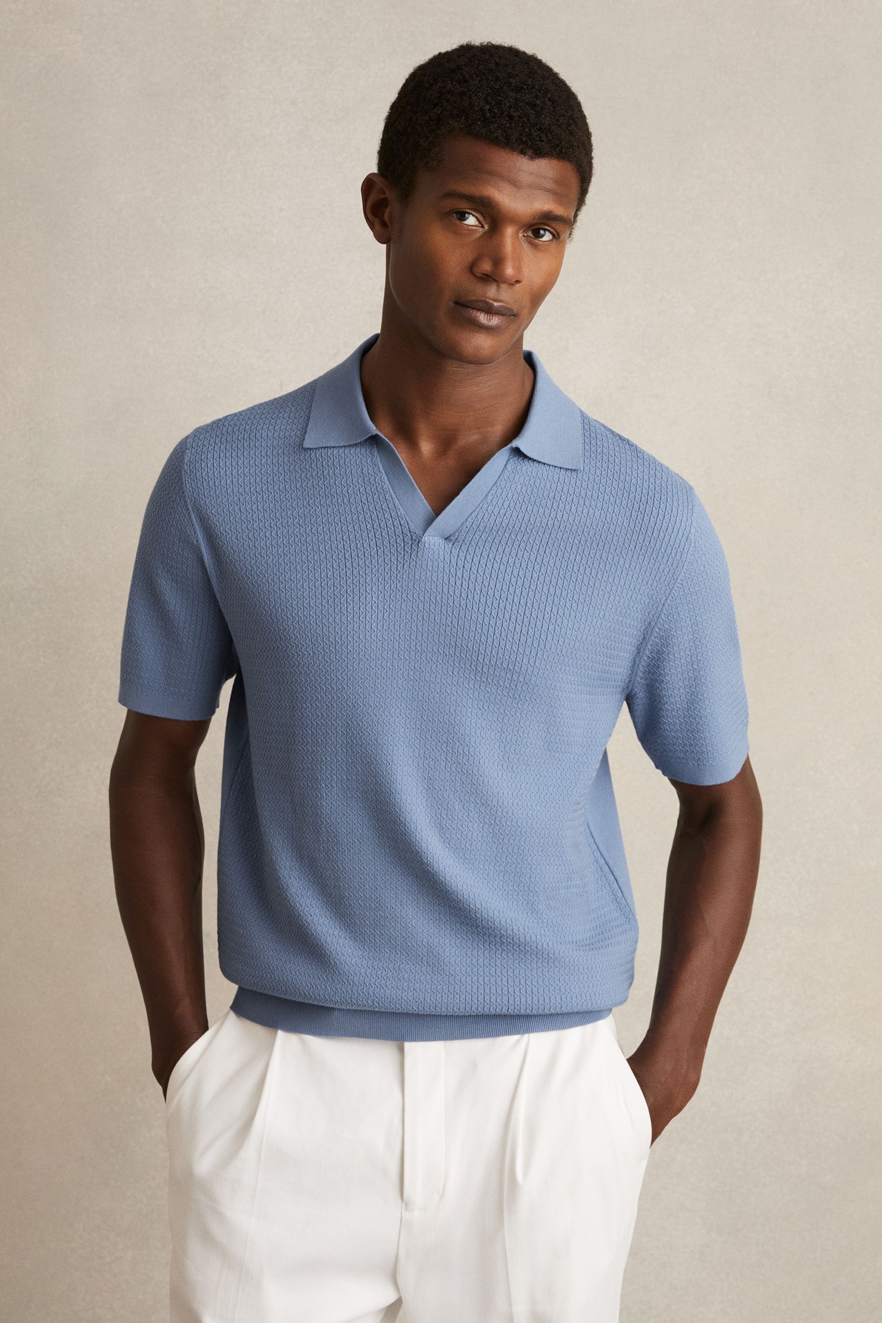 Reiss Cornflower Blue Open-collar Knit Polo Shirt