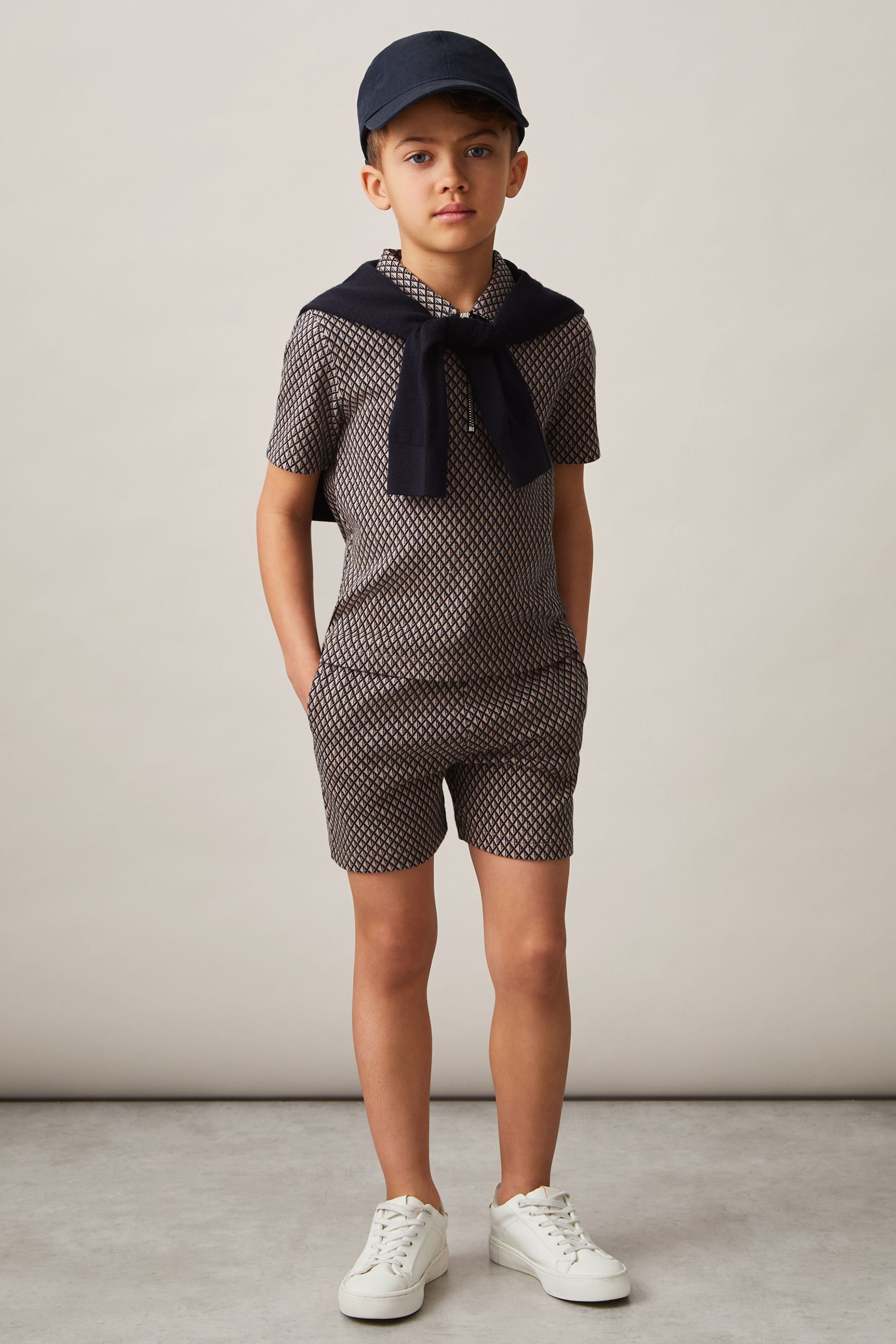 Reiss Navy/tobacco Brown Ernie 3-9 Yrs Cotton Blend Geometric Jacquard Shorts In Navy/tobacco Brown