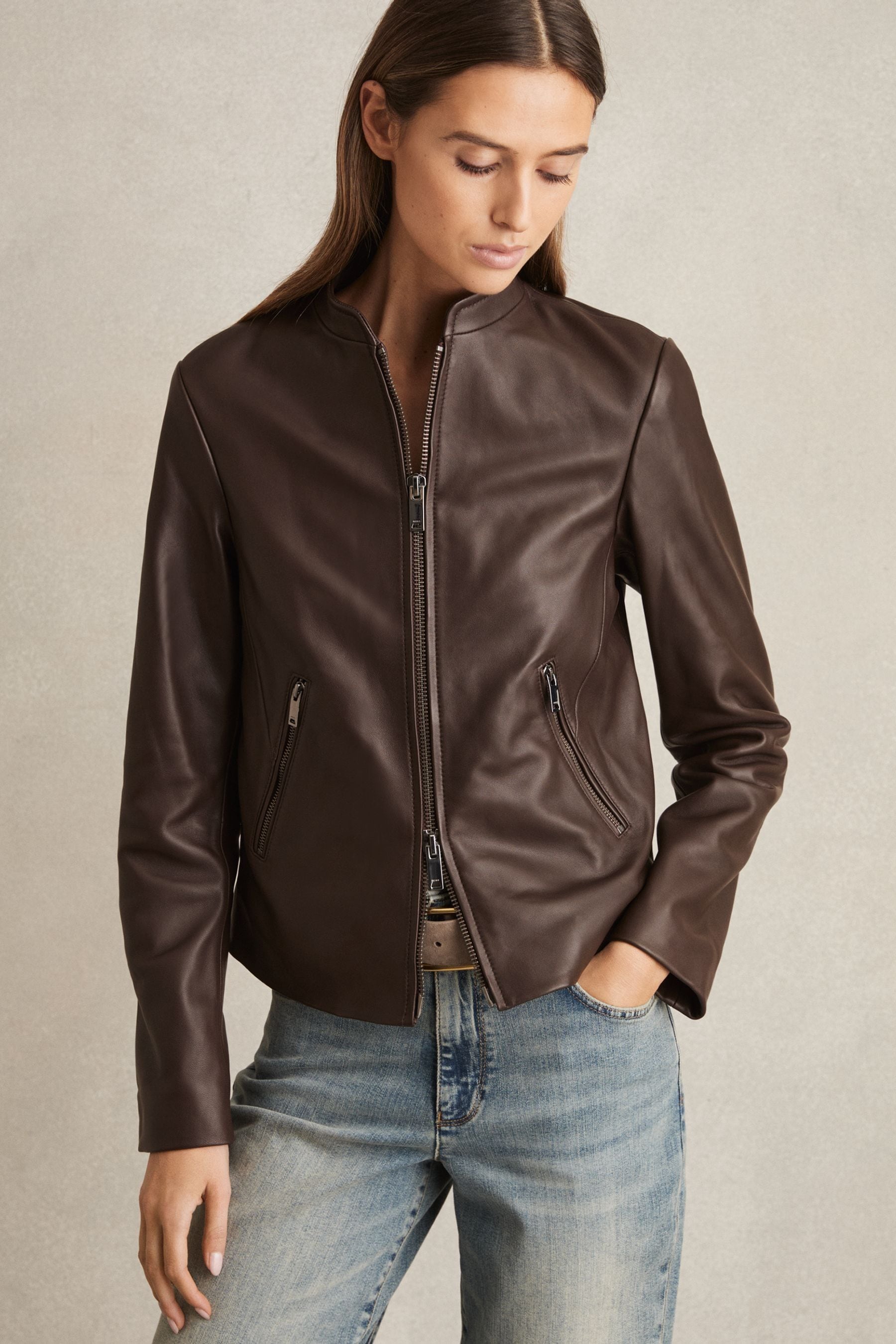 Reiss Chocolate Brown Leather Collarless Biker Jacket, 6