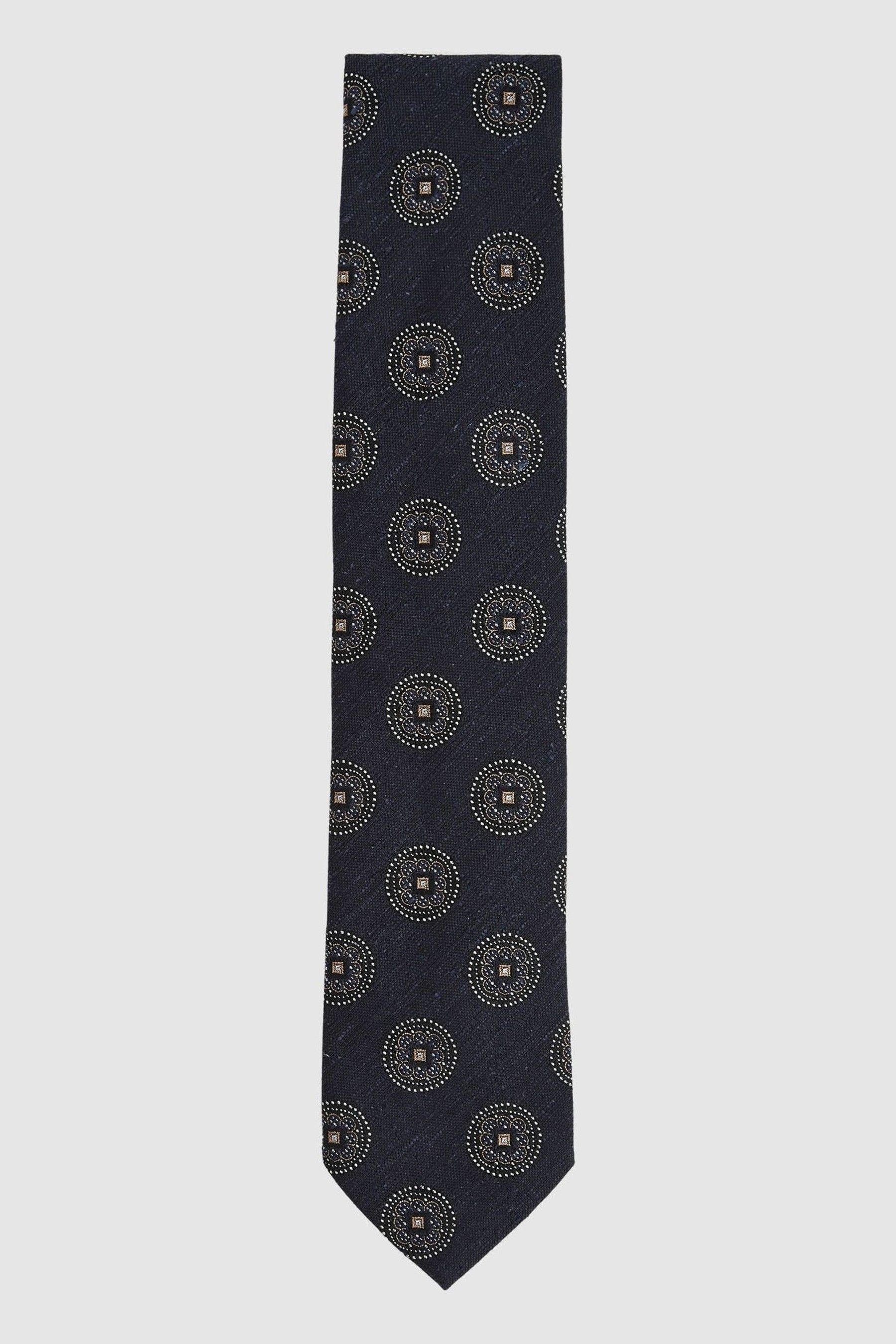 REISS NAVY SILK BLEND TIE WITH MEDALLION PATTERN