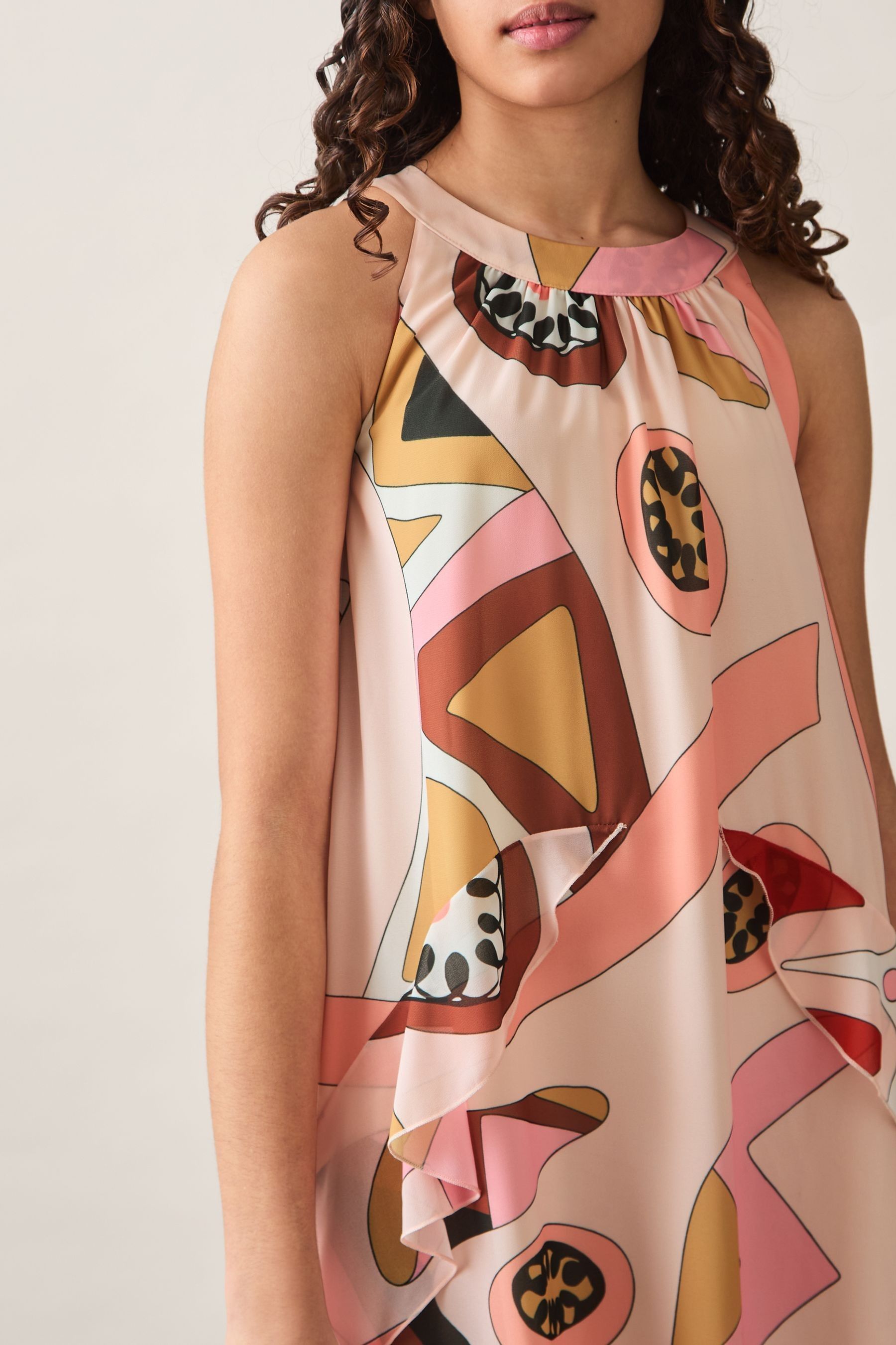 REISS PINK SASHA 9-13 YRS PRINTED RUFFLE-TRIM DRESS 