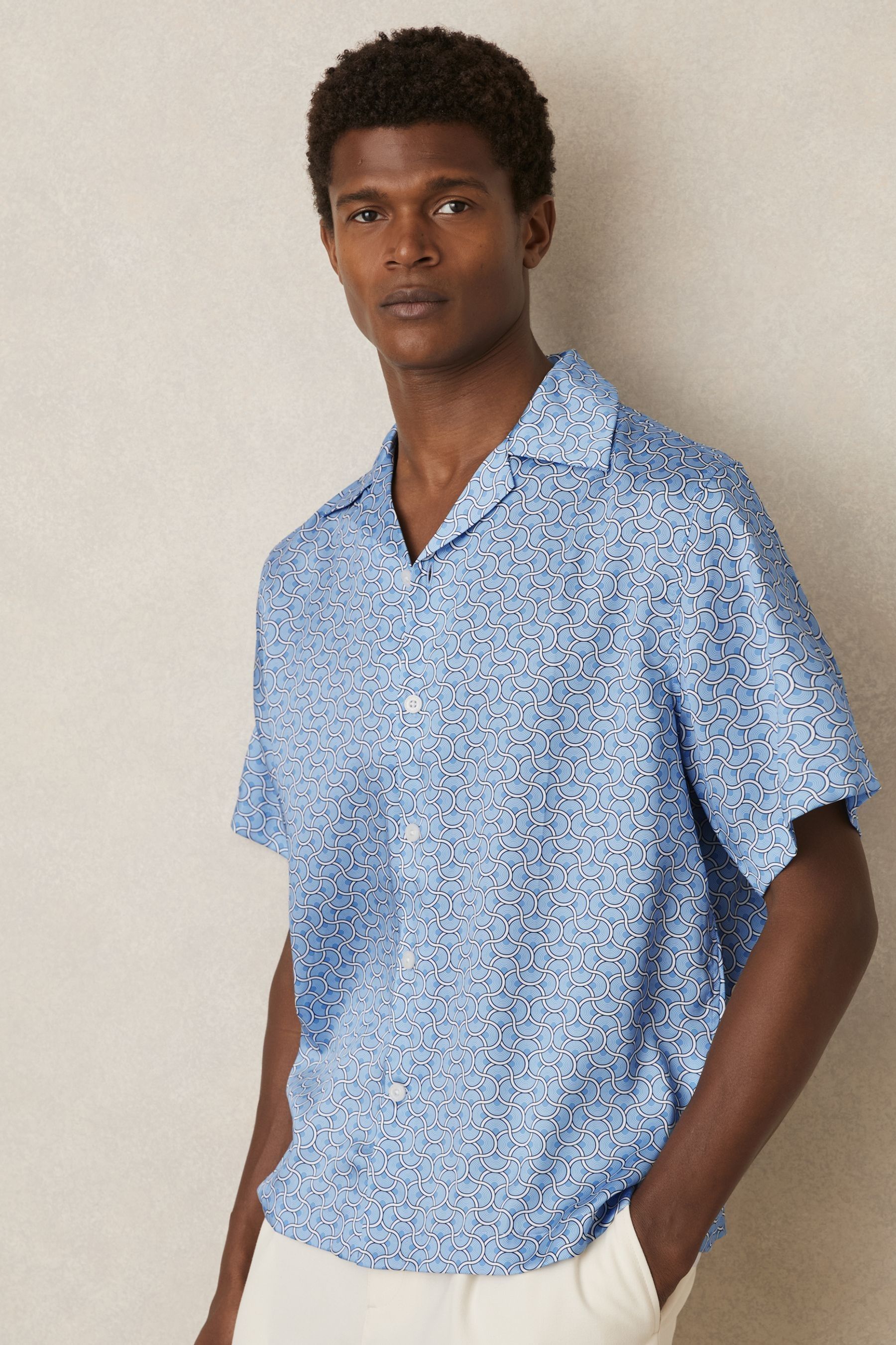 Reiss Soft Blue Geometric Wave Print Cuban Shirt