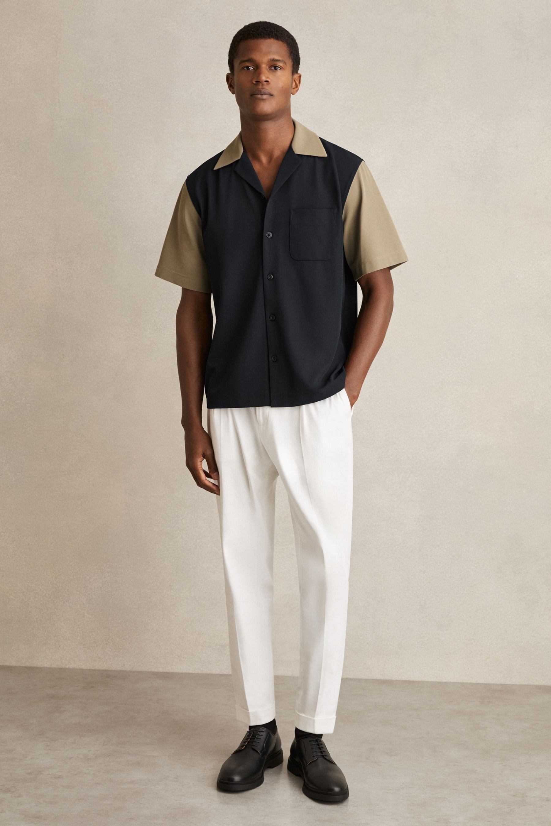 Reiss Navy/brown Colour-block Cuban-collar Shirt