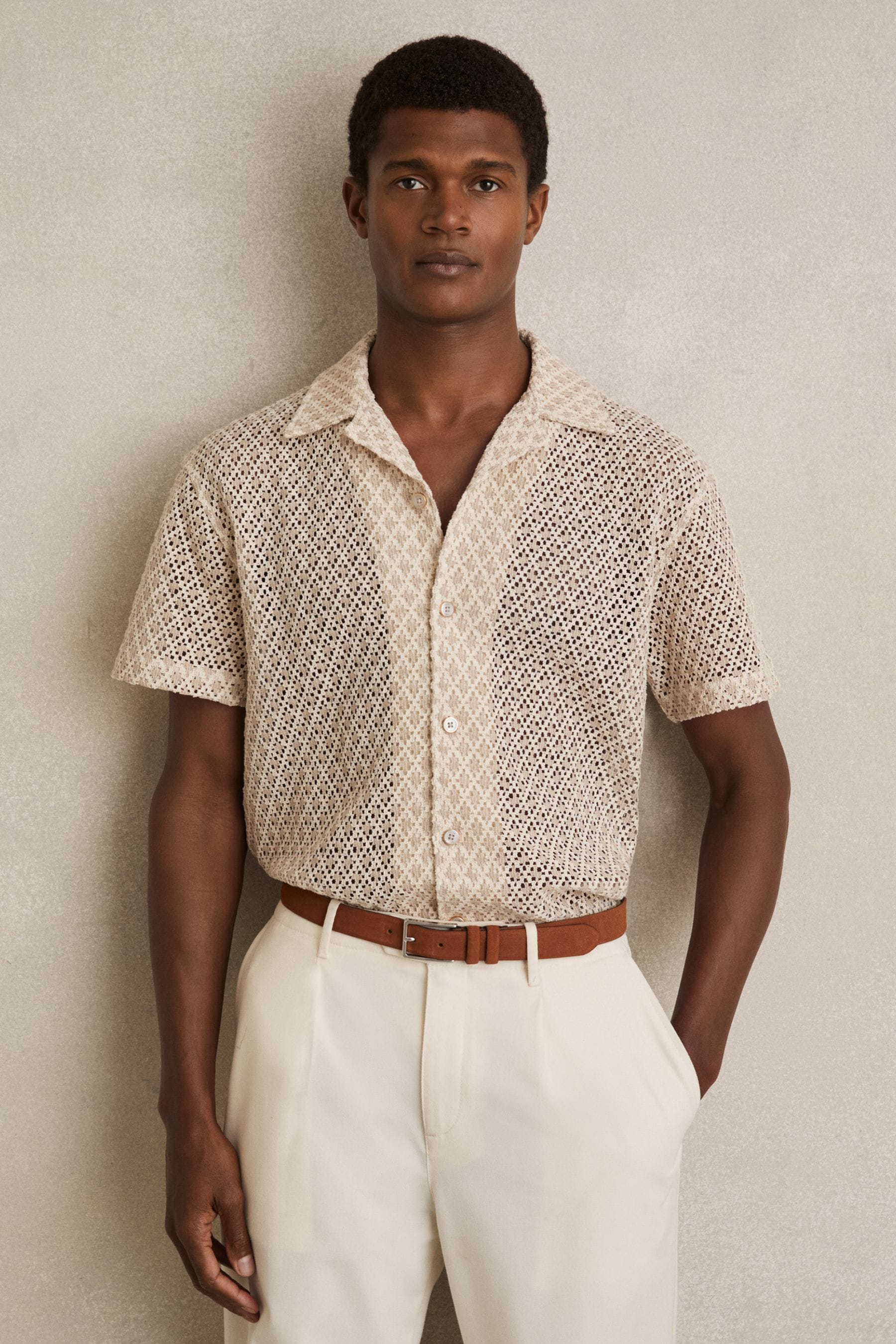 Shop Reiss Oatmeal Crochet Cuban-collar Shirt