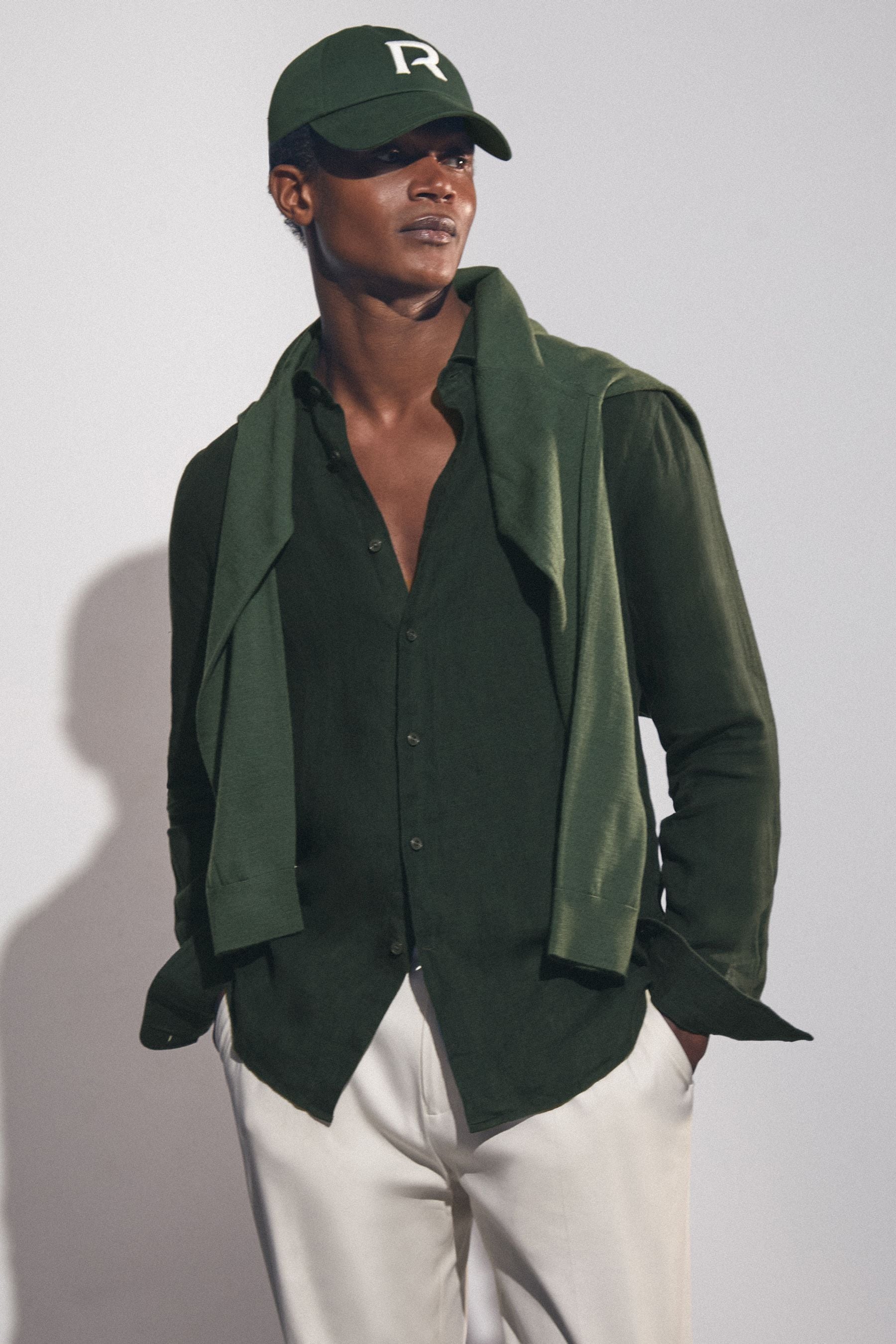 Reiss Dark Hunting Green Linen Striped Cutaway-collar Shirt