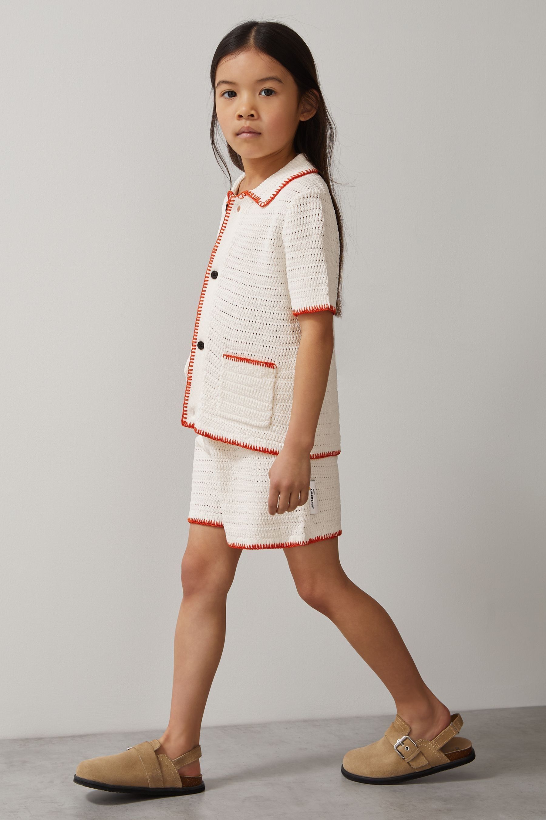 Reiss Mclaren Off White/orange 3-9 Yrs Mclaren F1 Team Crochet Shorts In Off White/orange