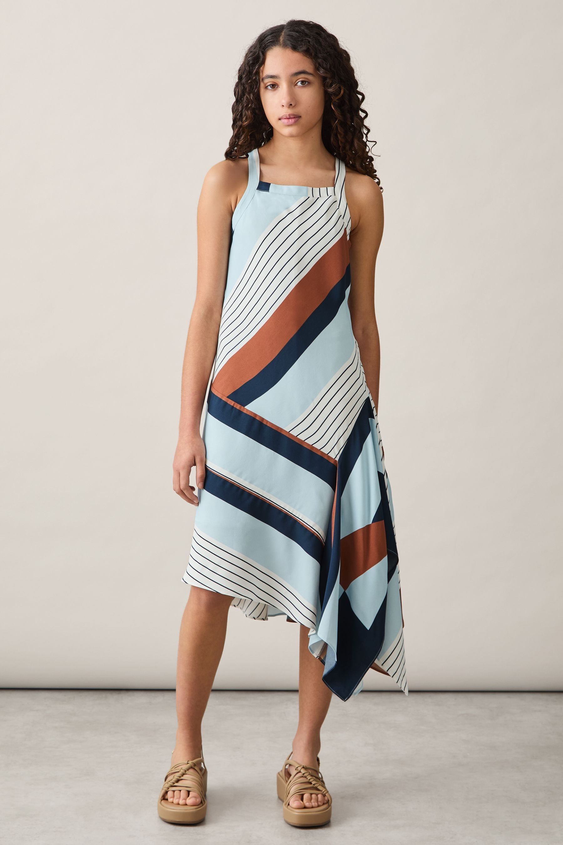 Shop Reiss Blue Print Holly Stripe-print Handkerchief Dress