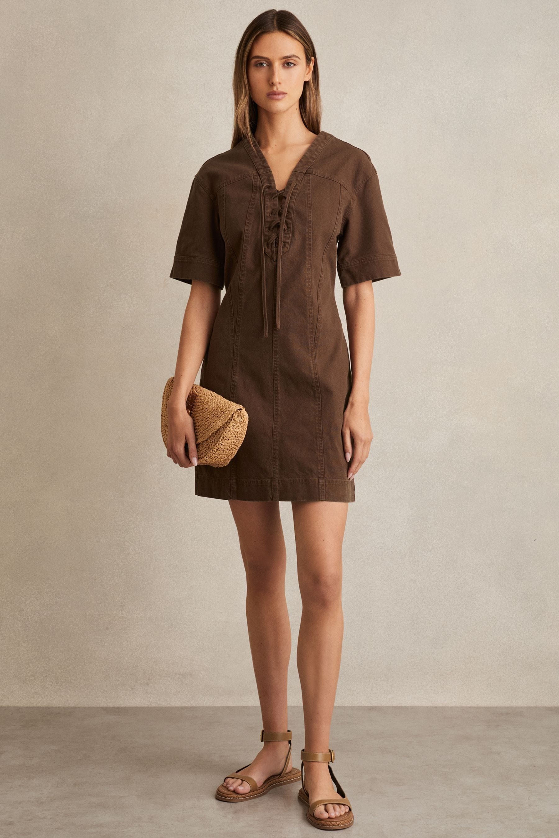 Reiss Chocolate Lace Up Denim Shirt Dress, 18