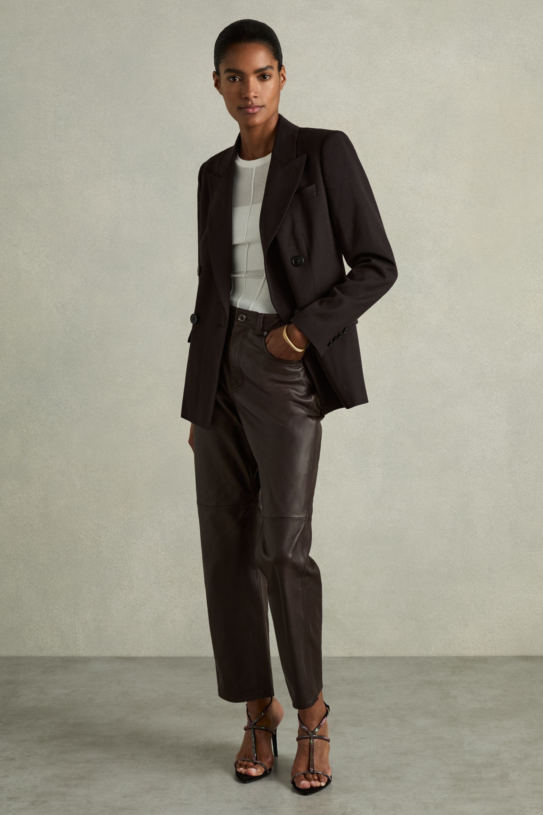 Reiss Chocolate Petite Leather Slim-leg Trousers, 10