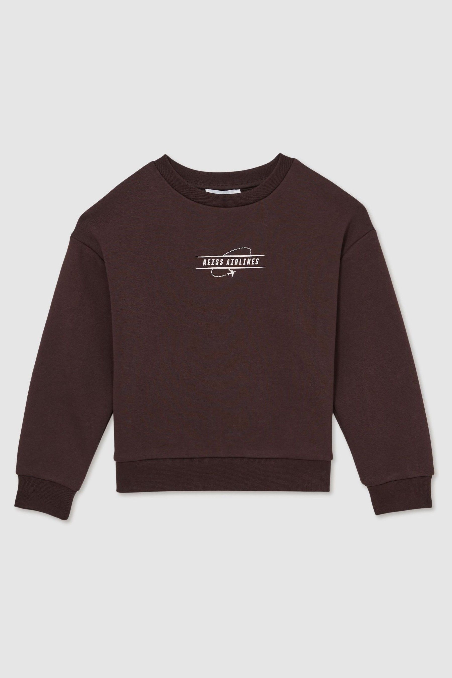 Reiss Chocolate Brown/off White 13-14 Yrs Cotton-blend Airlines-print Sweatshirt In Chocolate Brown/off White