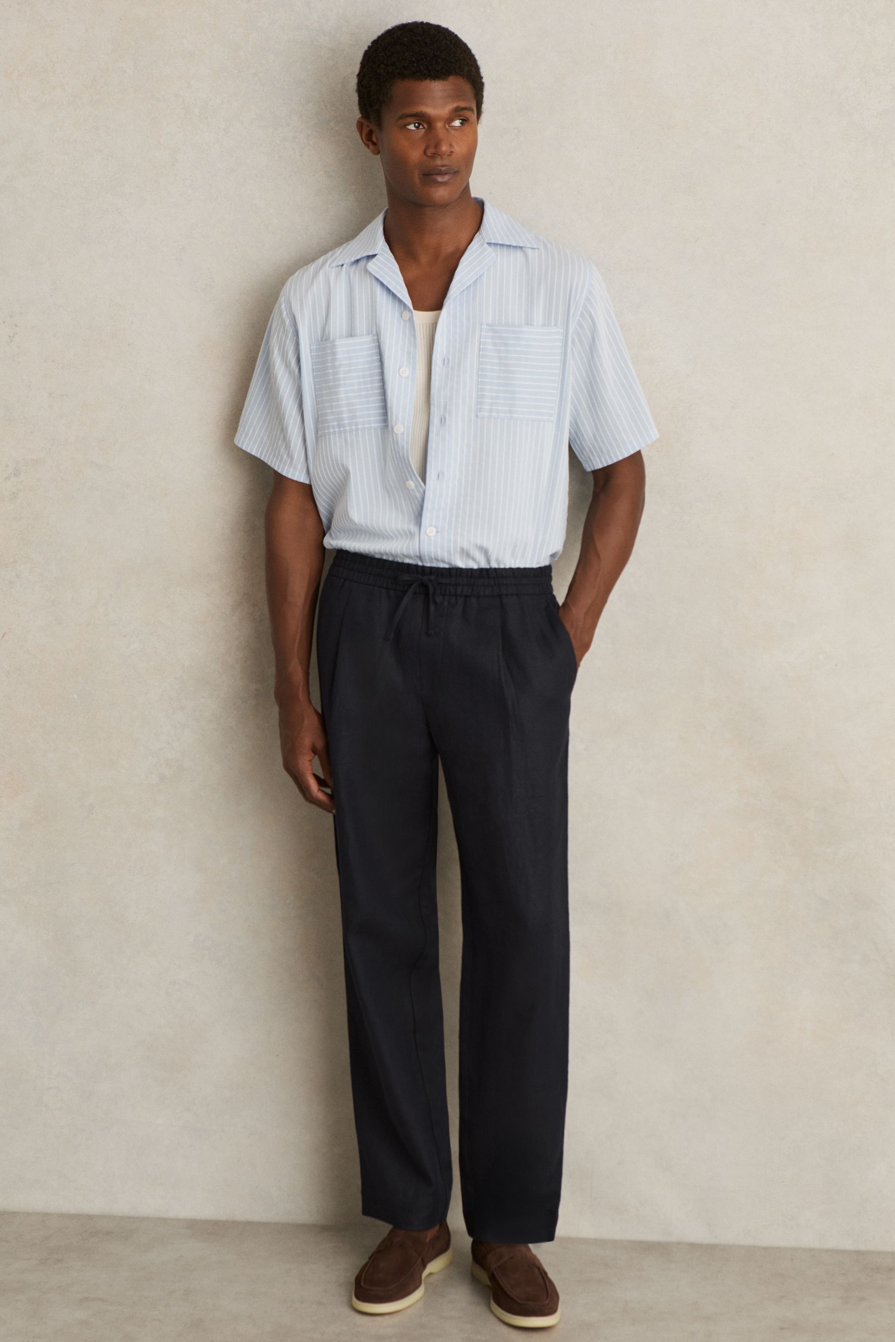 Reiss Navy Linen Drawstring Relaxed-fit Trousers