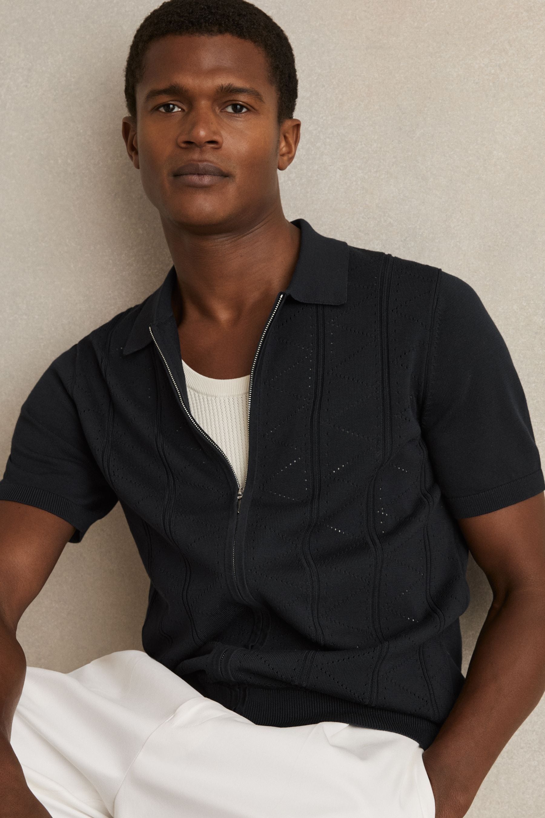 Shop Reiss Navy Pointelle-knit Zip-through Shirt