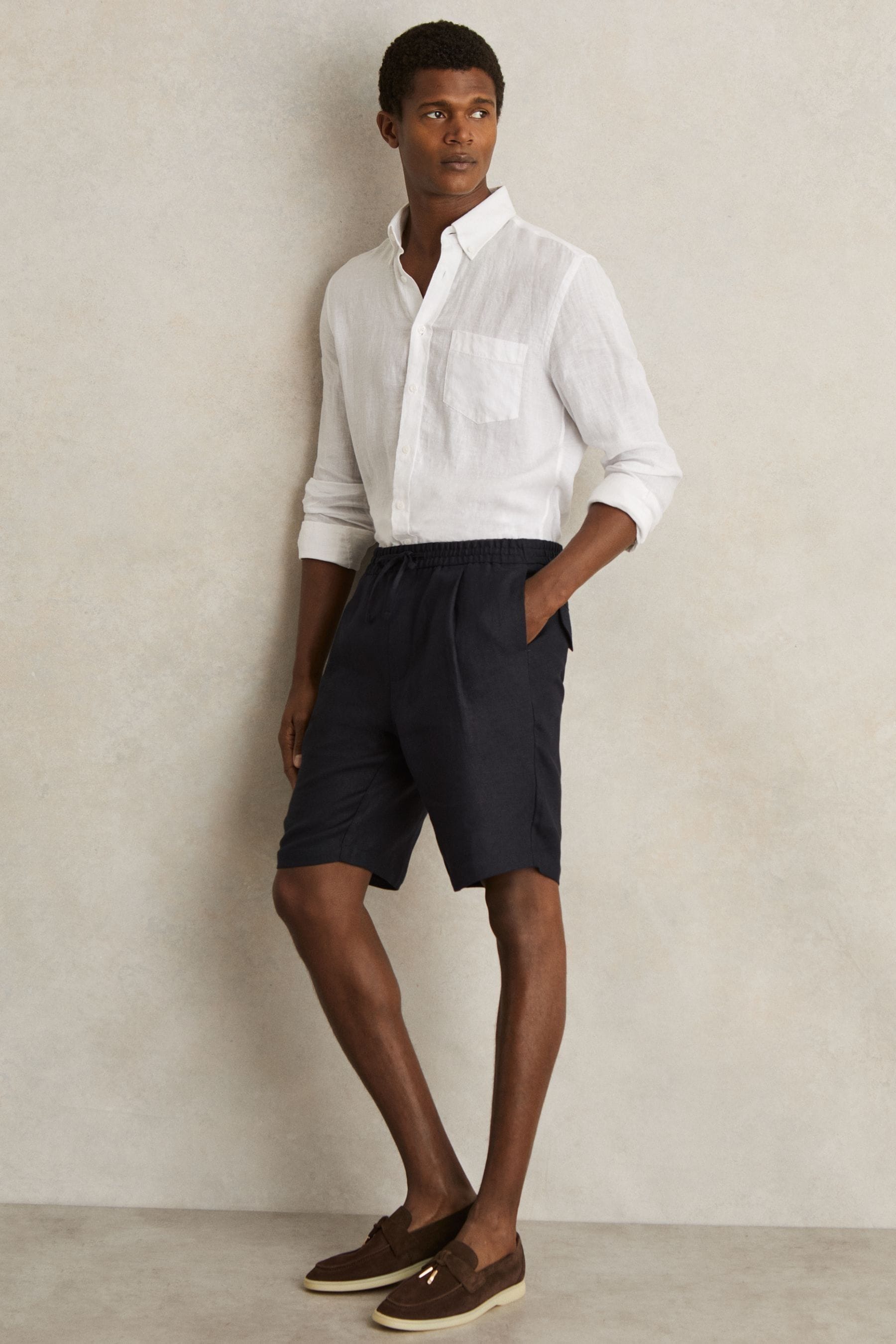 Reiss Navy Linen Drawstring Shorts