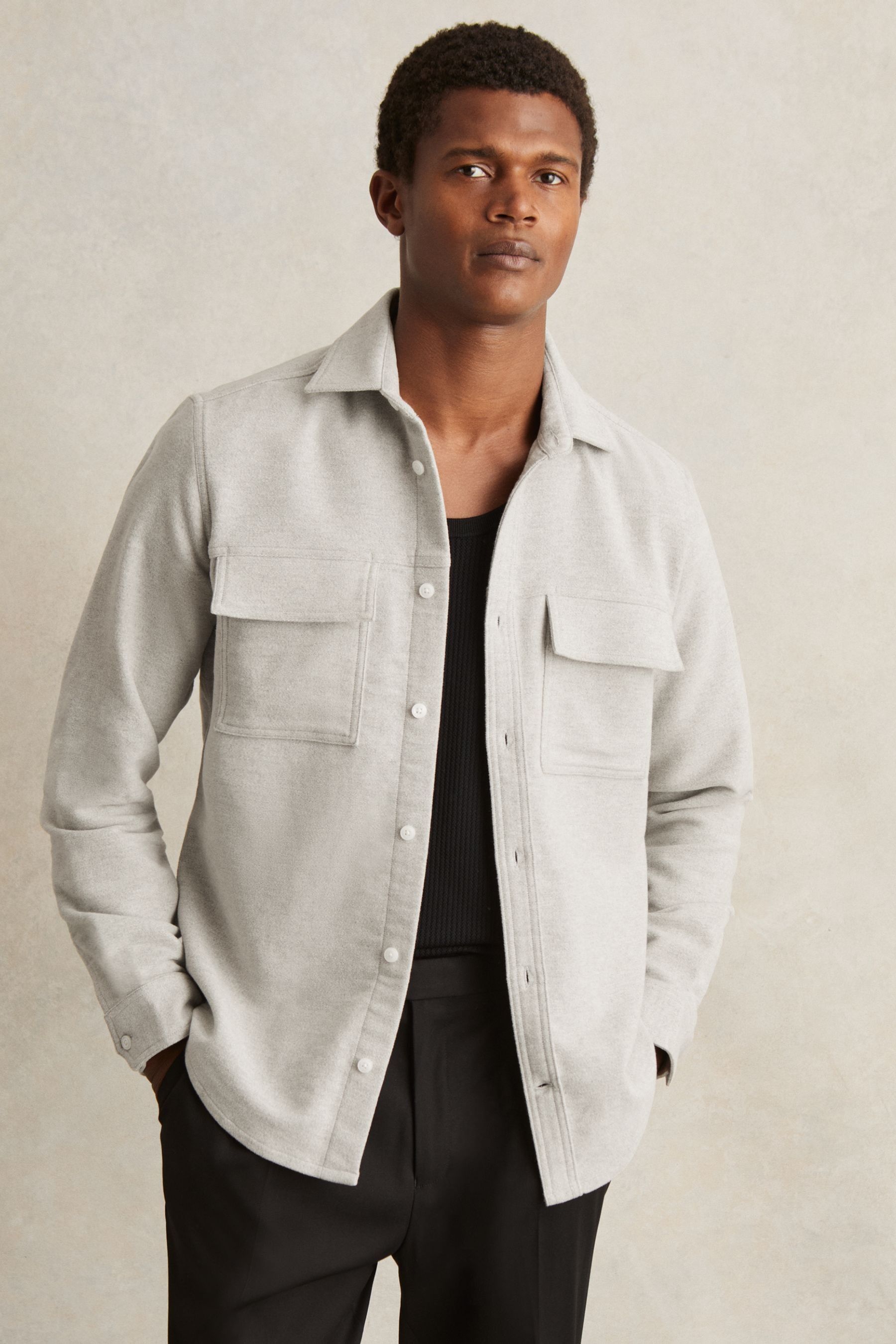 Reiss Soft Grey Melange Moleskin-cotton Twin-pocket Overshirt In Gray