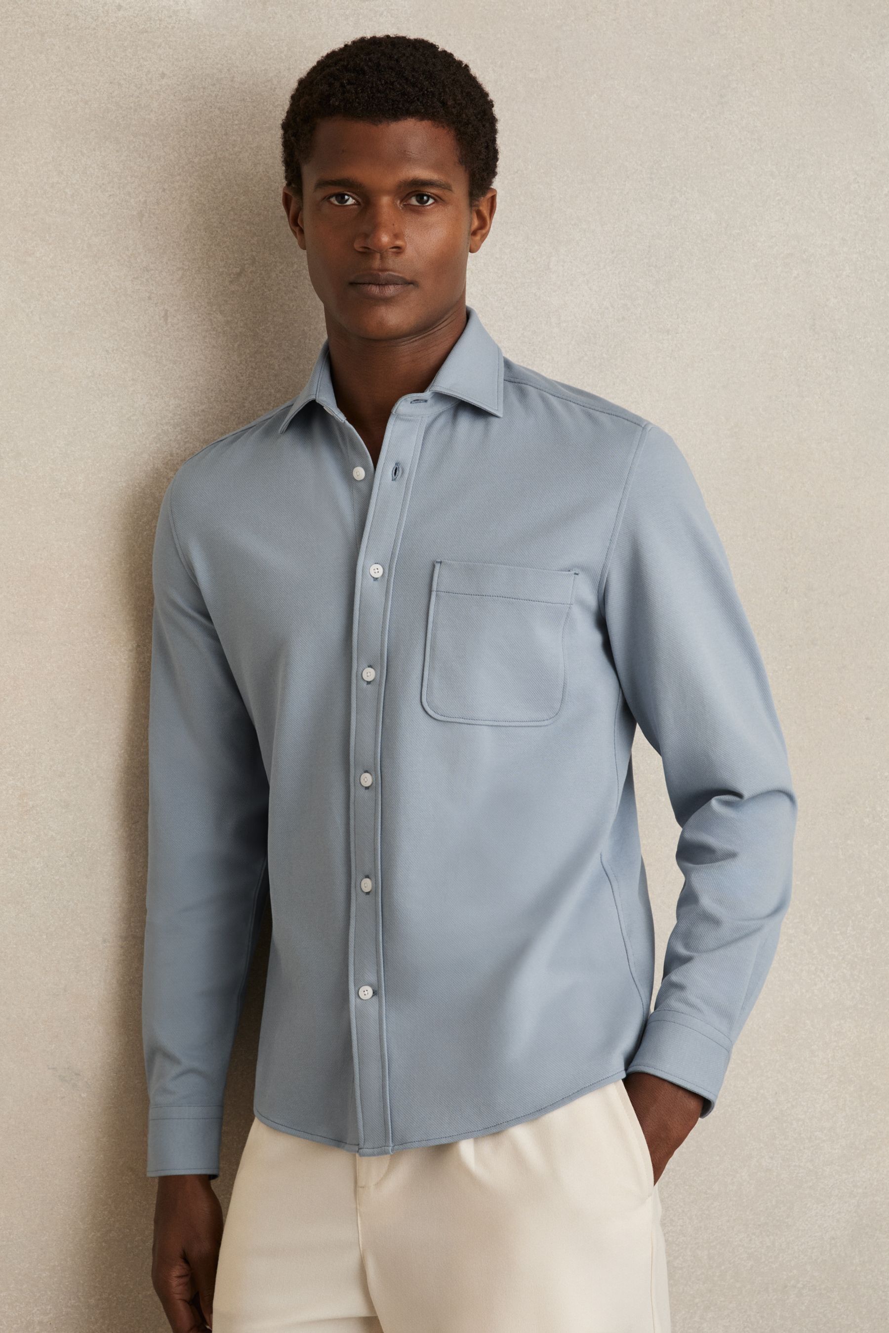 Reiss Soft Blue Cotton-twill Cutaway-collar Overshirt In Blue