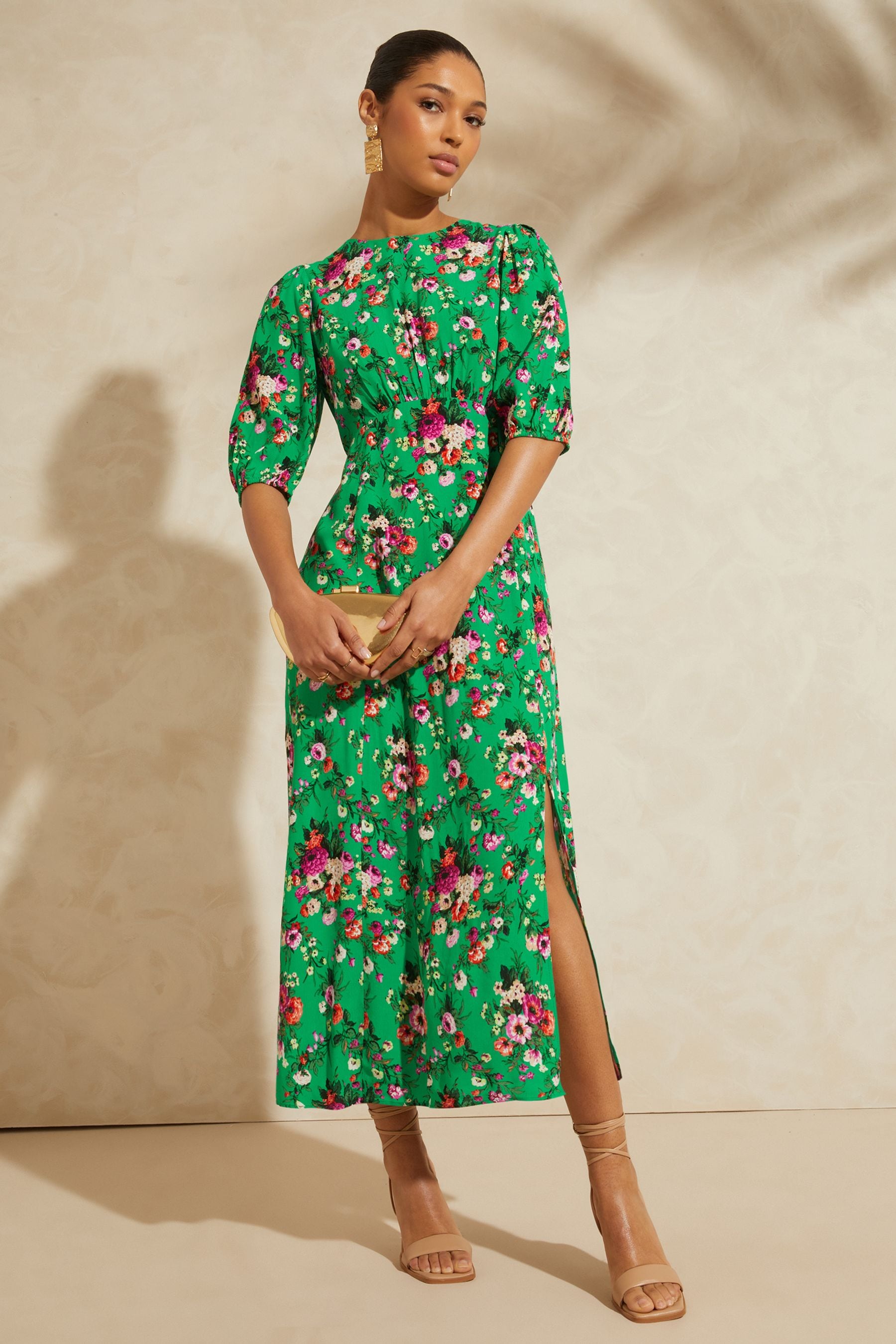 Womens V a Love Roses Green Floral Printed Empire Puff Sleeve Split Midi Dress Green Floral Reviews Next Reviews Feefo