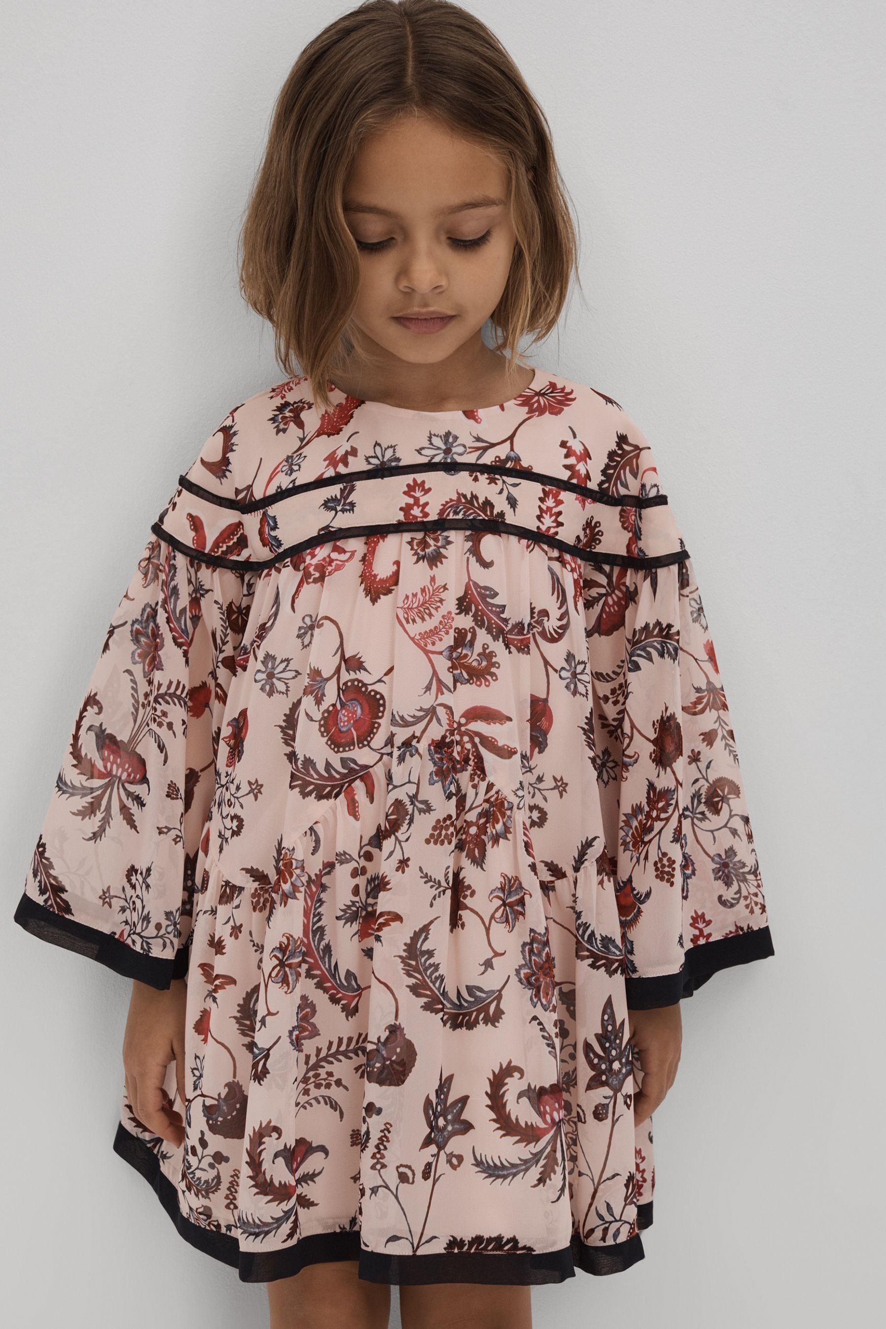 REISS TALITHA - PINK TEEN PRINTED BELL SLEEVE TIERED DRESS, UK 13-14 YRS