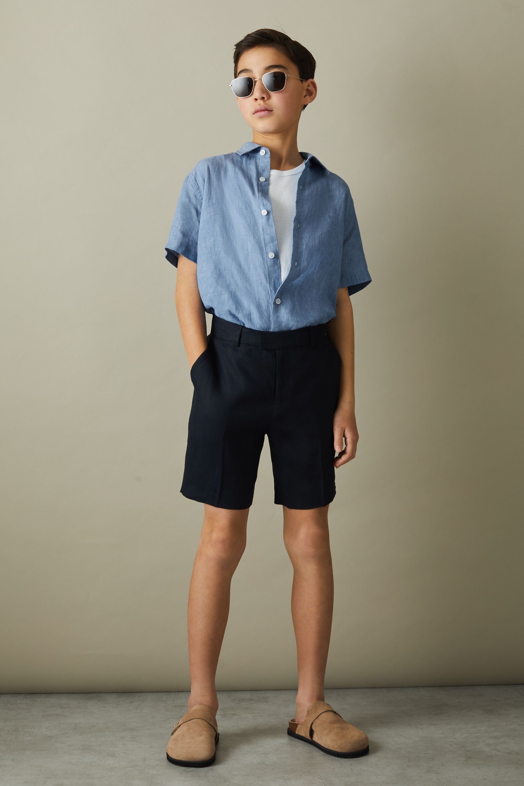 Reiss Holiday - Sky Blue Short Sleeve Linen Shirt, 10