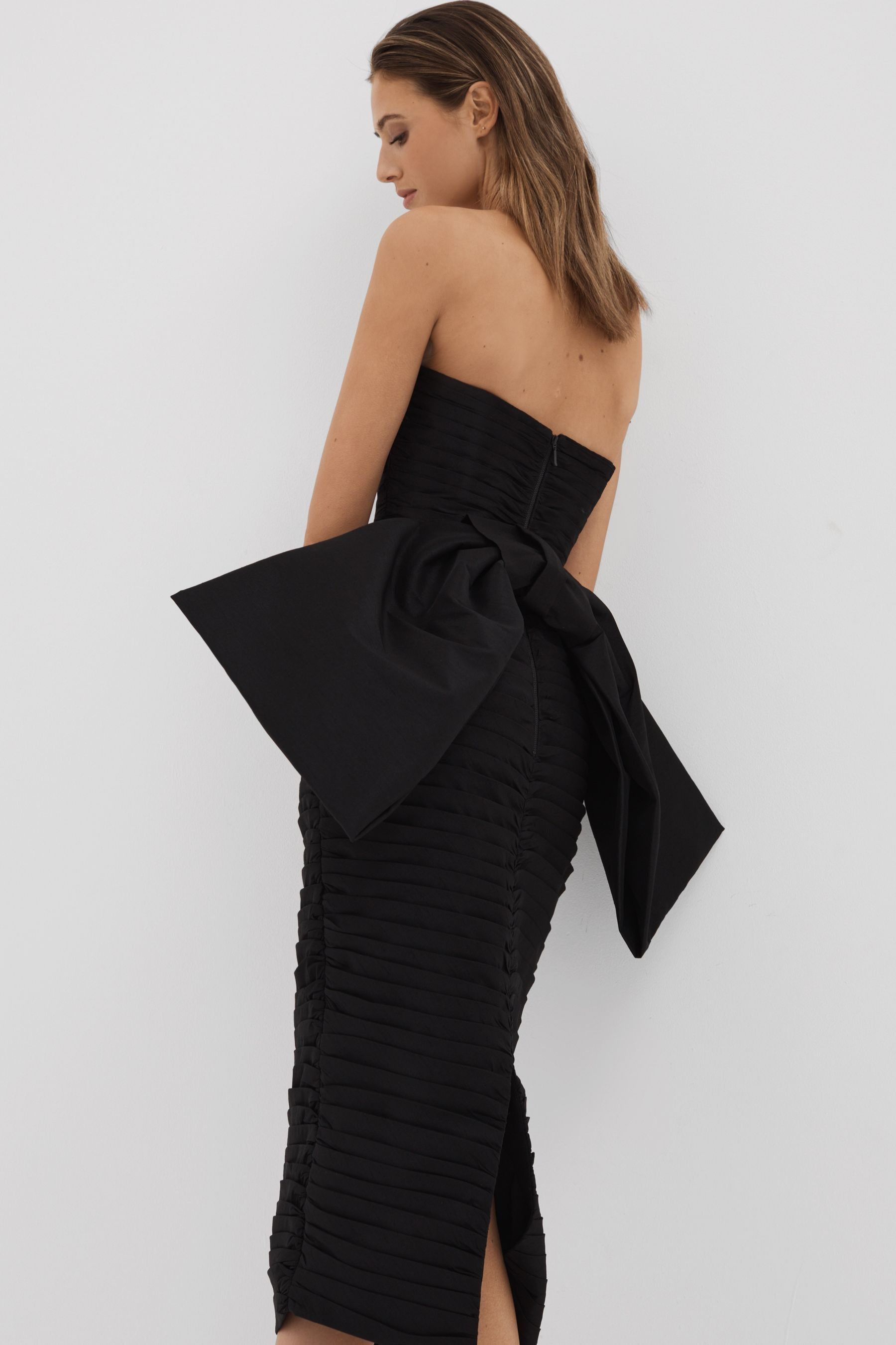 Rachel Gilbert Pleated Bow Back Midi Dress In Black