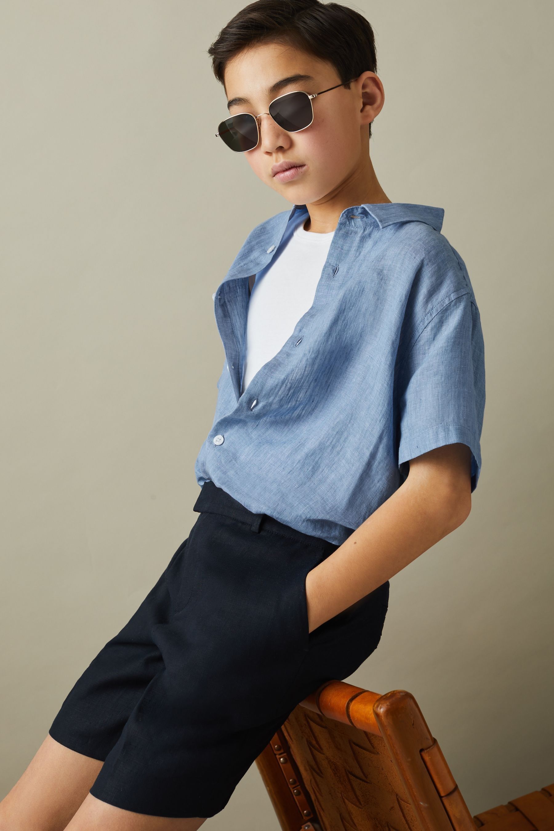 Reiss Kids' Holiday - Sky Blue Short Sleeve Linen Shirt, 4