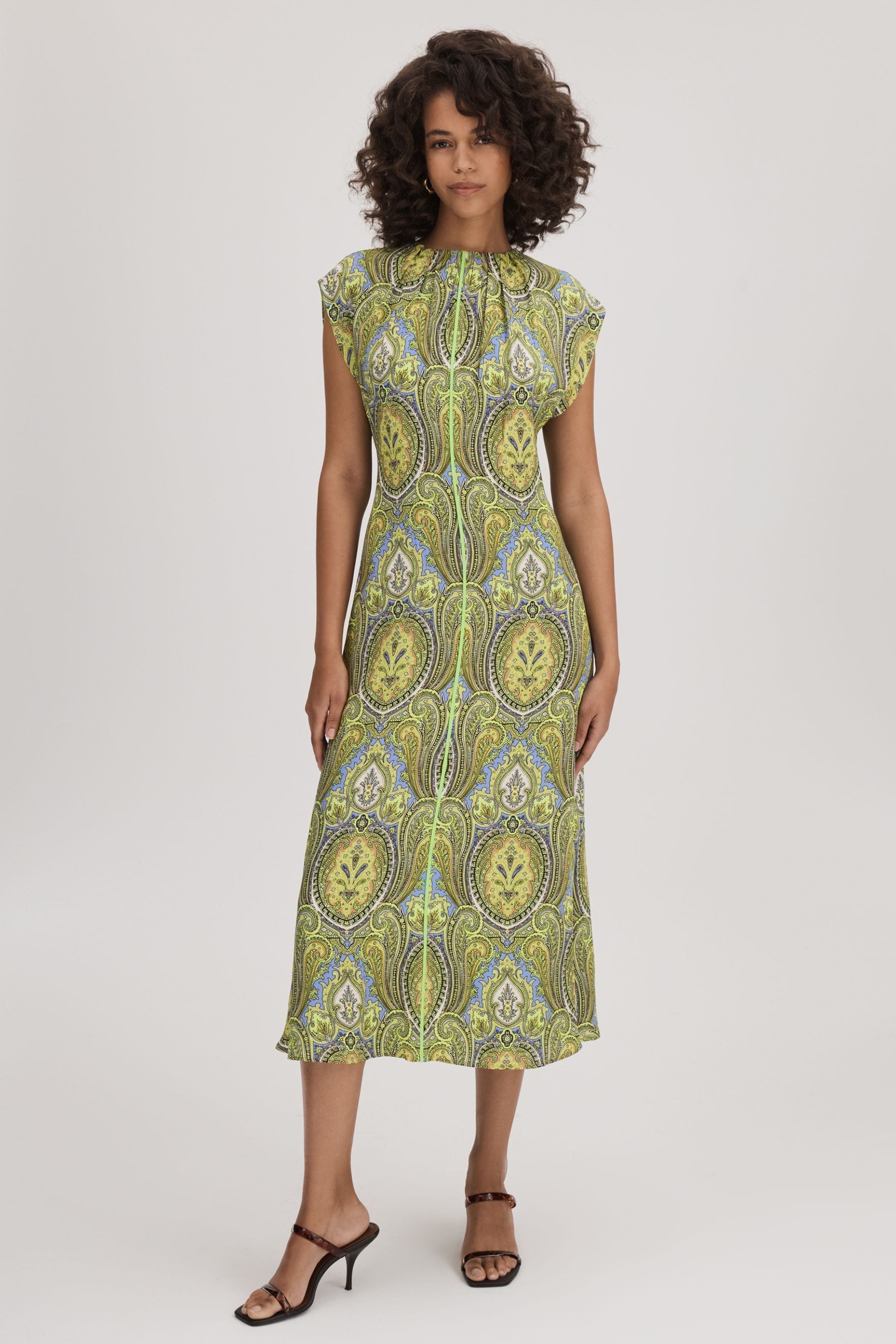 Florere Printed Tie Back Midi Dress In Lime/green