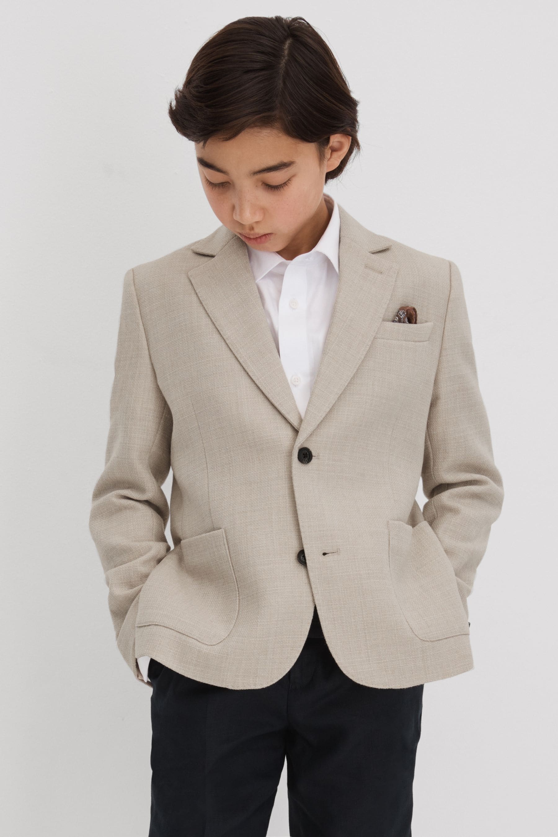 Shop Reiss Attire - Stone Junior Textured Wool Blend Single Breasted Blazer, Age 3-4 Years