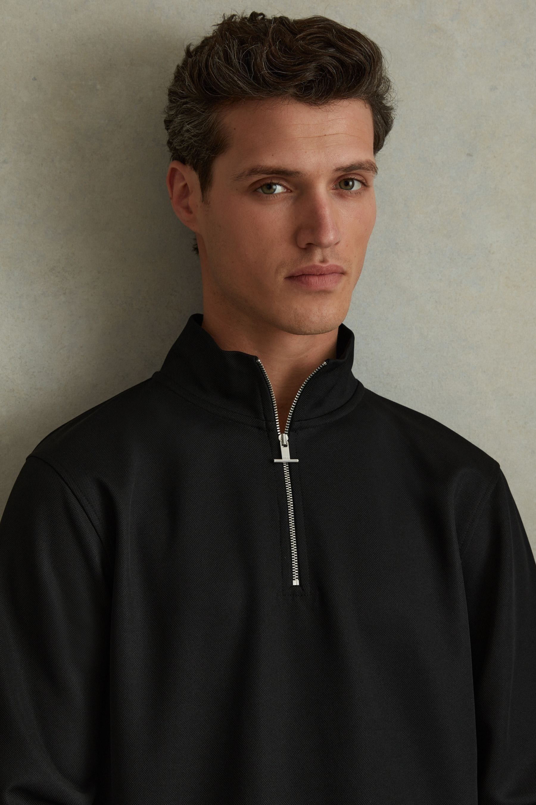 Reiss Black Textured Half-zip Funnel Neck Jumper, M