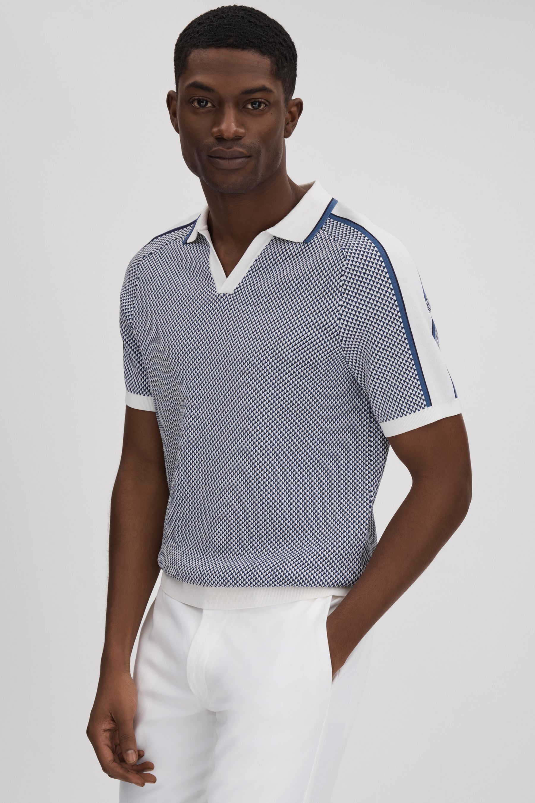 Shop Reiss Brunswick - Airforce Blue Geometric Design Open-collar Shirt, Xl