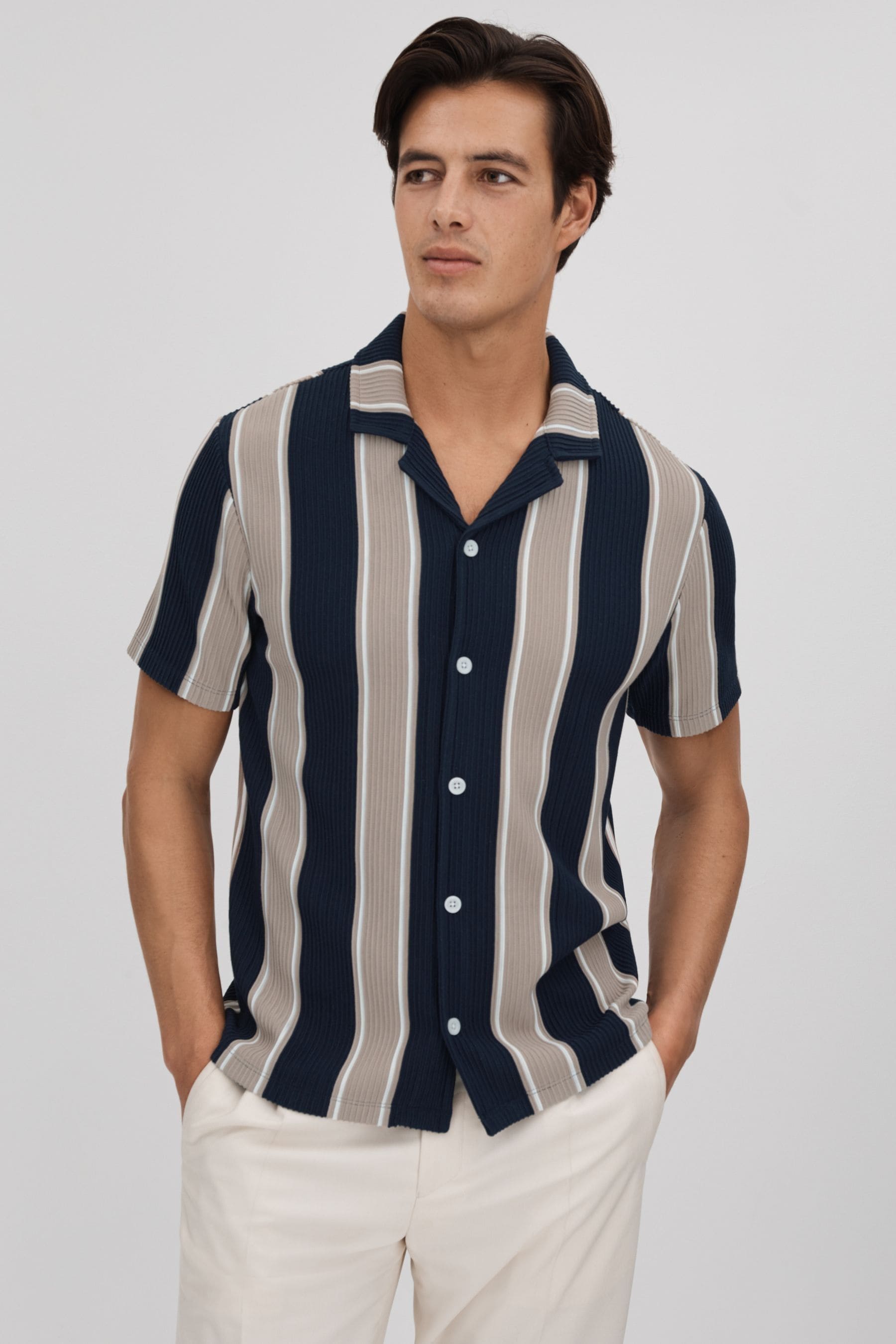 Shop Reiss Alton - Navy/camel Slim Fit Ribbed Cuban Collar Shirt, L