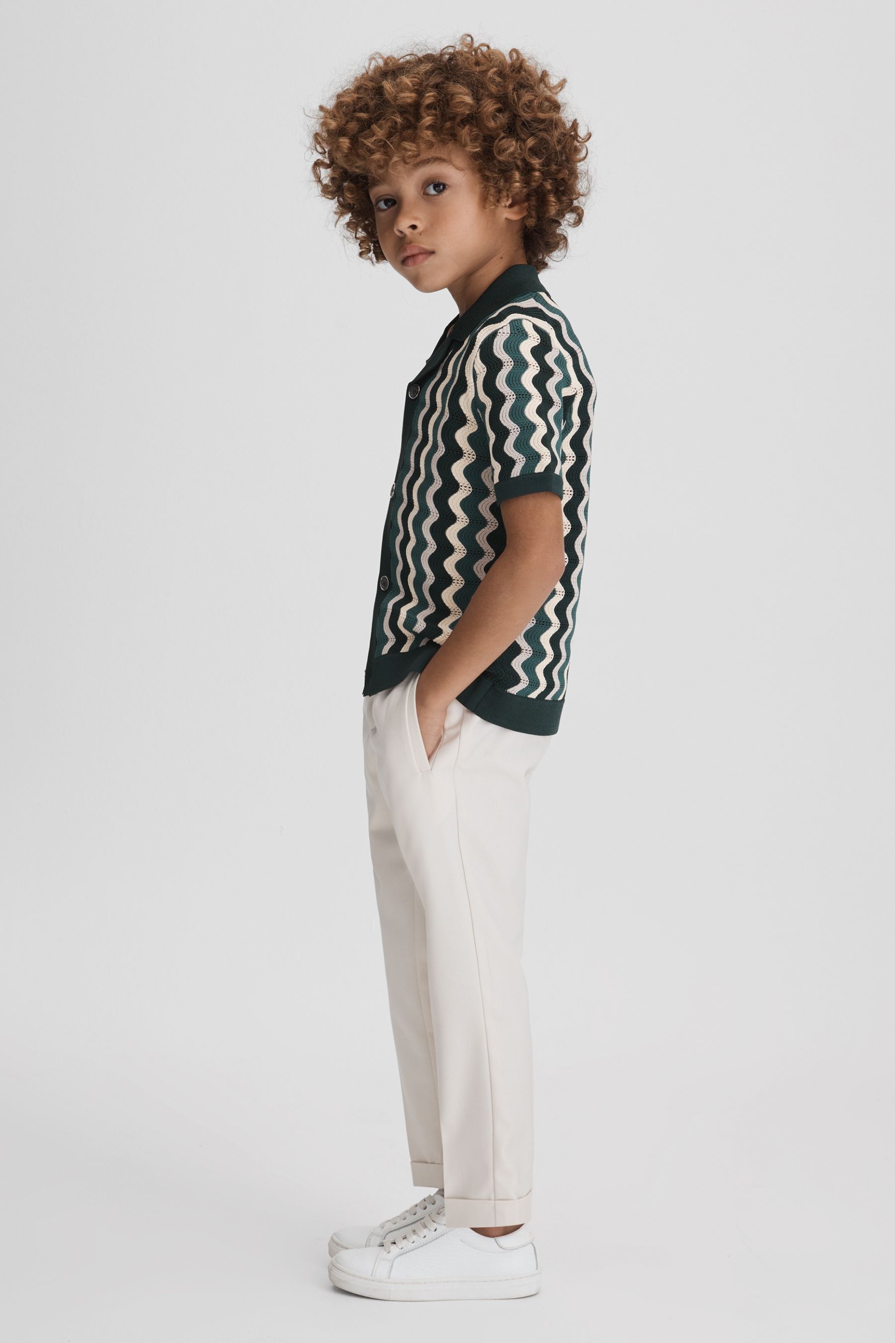 Shop Reiss Waves - Green Multi Junior Knitted Cuban Collar Shirt, Age 5-6 Years