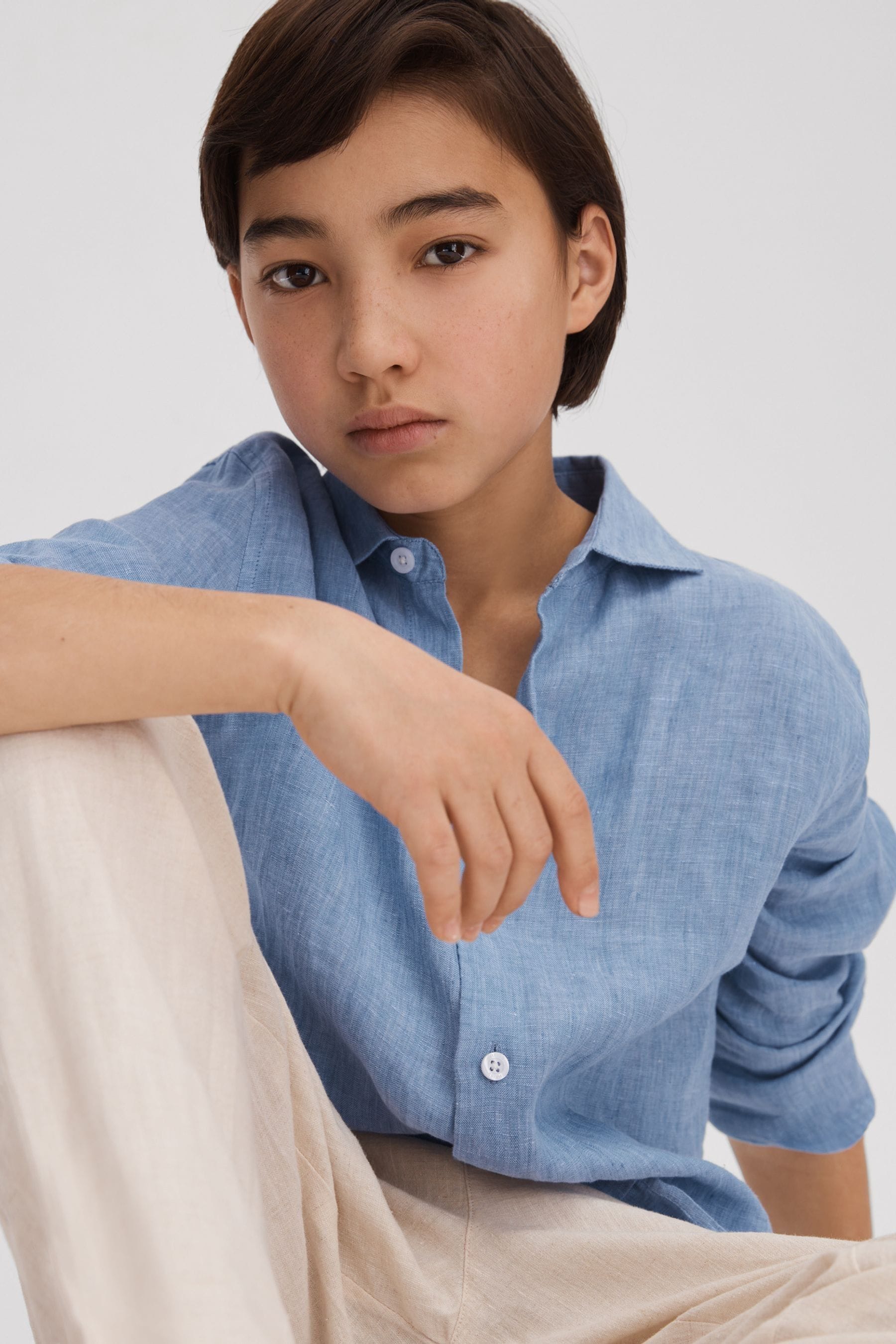 Reiss Ruban - Sky Blue Linen Button-through Shirt, Uk 12-13 Yrs
